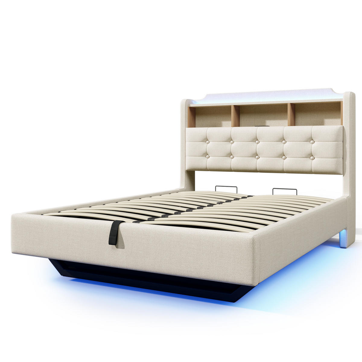 POLSTERBETT 140/200 cm Beige mit LED-Beleuchtung und hydraulischem Stauraum - Beige, Textil (140/200cm) - OKWISH