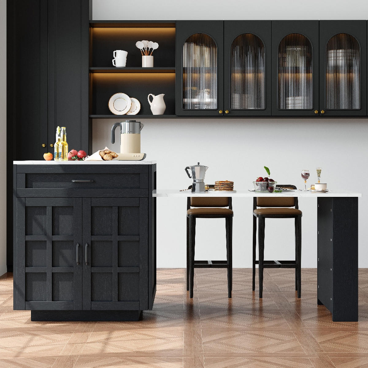 KÜCHENINSEL AUSZIEHBARER BARTISCH mit Stauraum, MDF Schwarz, für 2-6 Personen, 133-202/70/93,5 cm - Schwarz, Kunststoff (70/93.5/202cm) - Rolipo