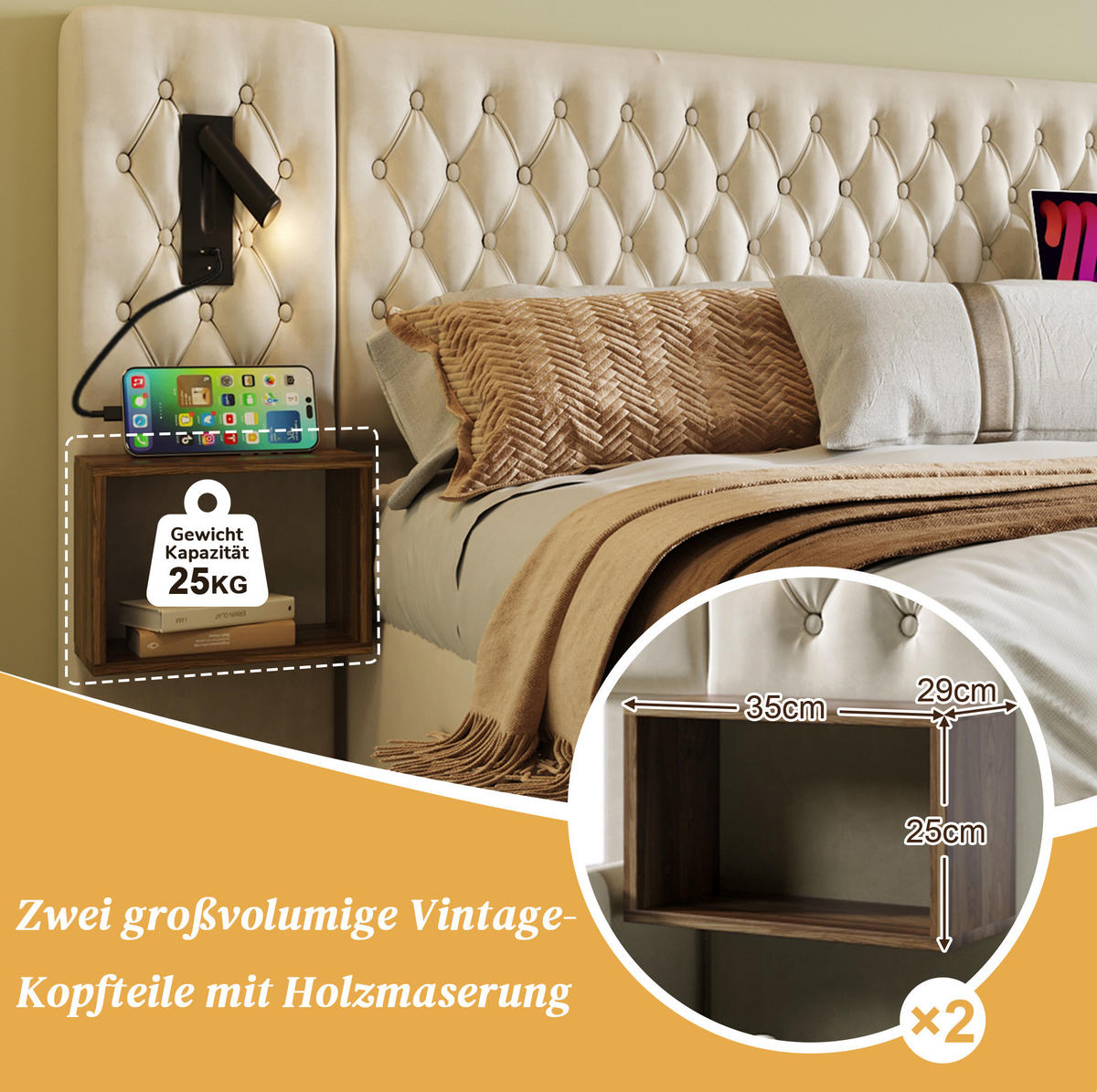POLSTERBETT 160/200 cm Beige aus Samt mit 2 Nachttischen und 4 Schubladen - Beige, Textil (160/200cm) - OKMYHOME