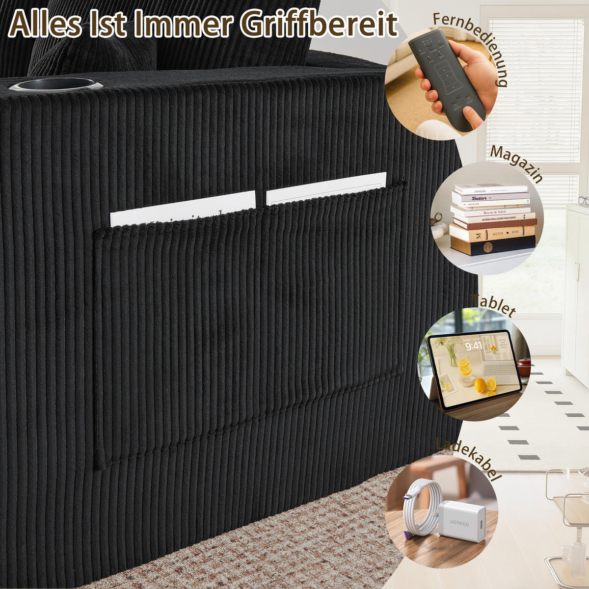 WOHNLANDSCHAFT DE-34629 modular mit 2 Ottomanen Schwarz - Schwarz, Textil (138/75/230cm) - ComfortXL