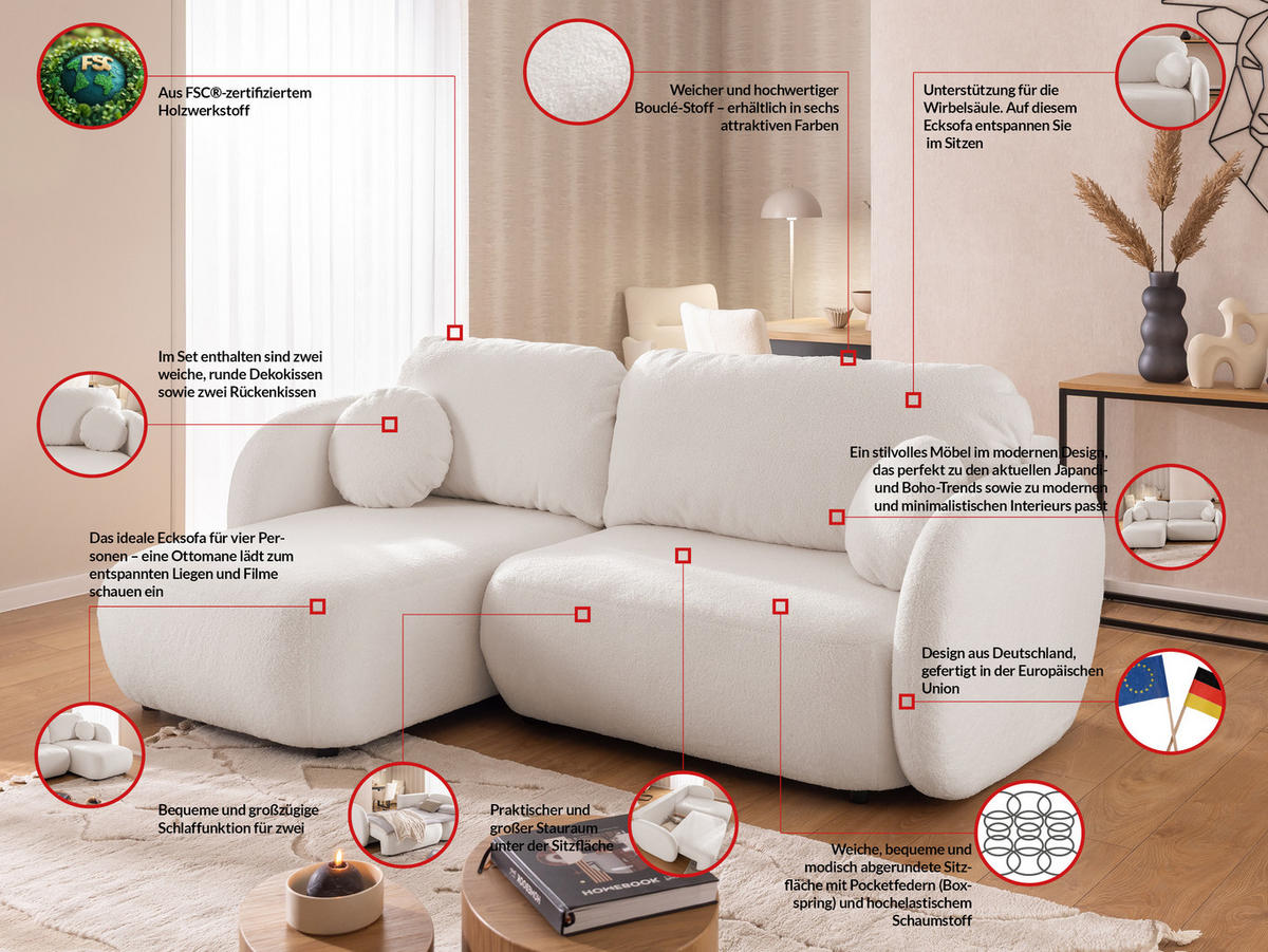 ECKSOFA Candy mit Schlaffunktion Weiß Bouclé-Stoff - Ottomane links - Schwarz/Weiß, Holz/Kunststoff (230/146cm) - S-Style Möbel