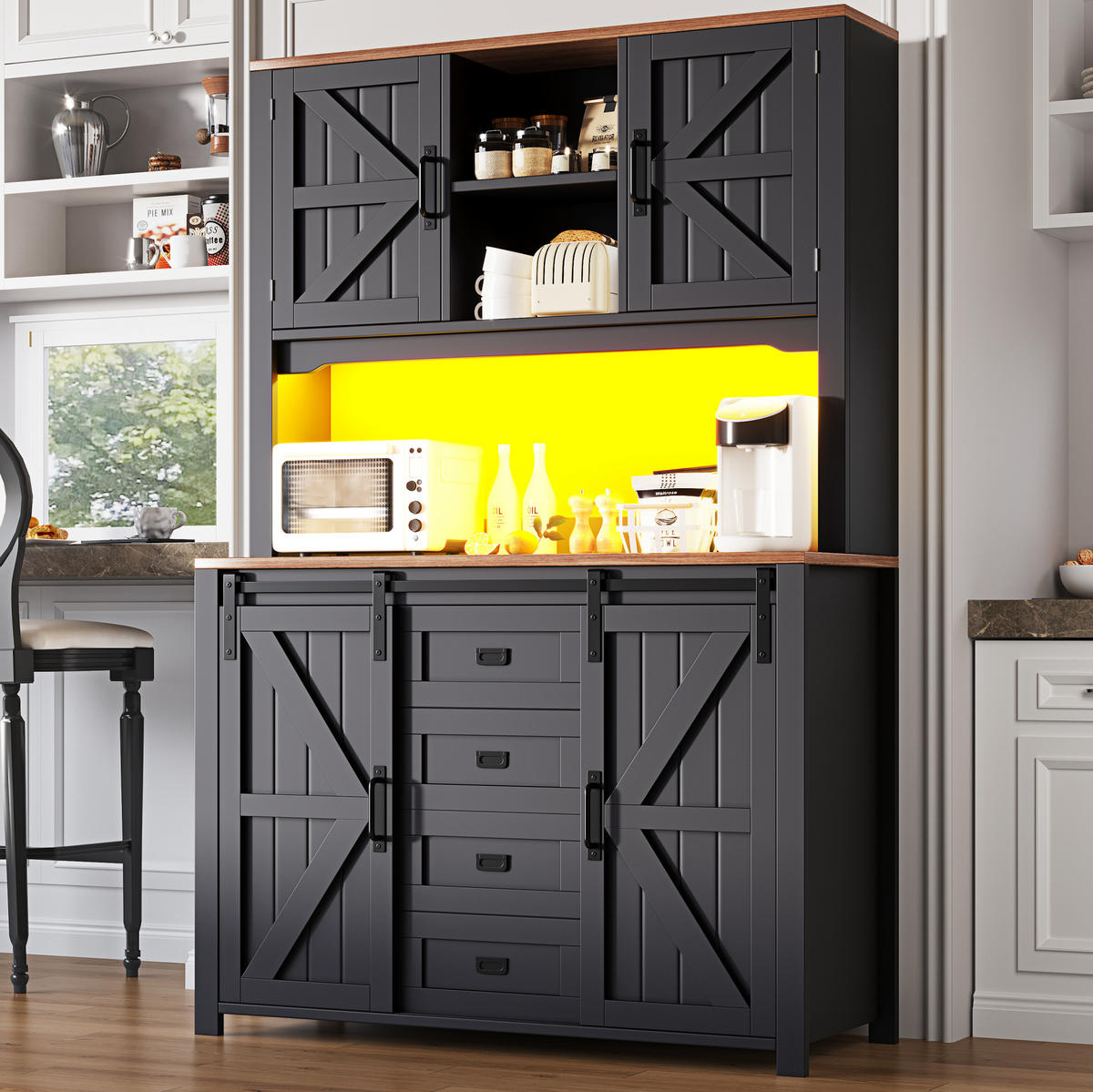 KÜCHENSIDEBOARD aus MDF, Spanplatte und Metall 115x40x174,7 cm Schwarz mit LED-Beleuchtung - Schwarz, Holzwerkstoff (115/174.7/40cm) - IVMEU