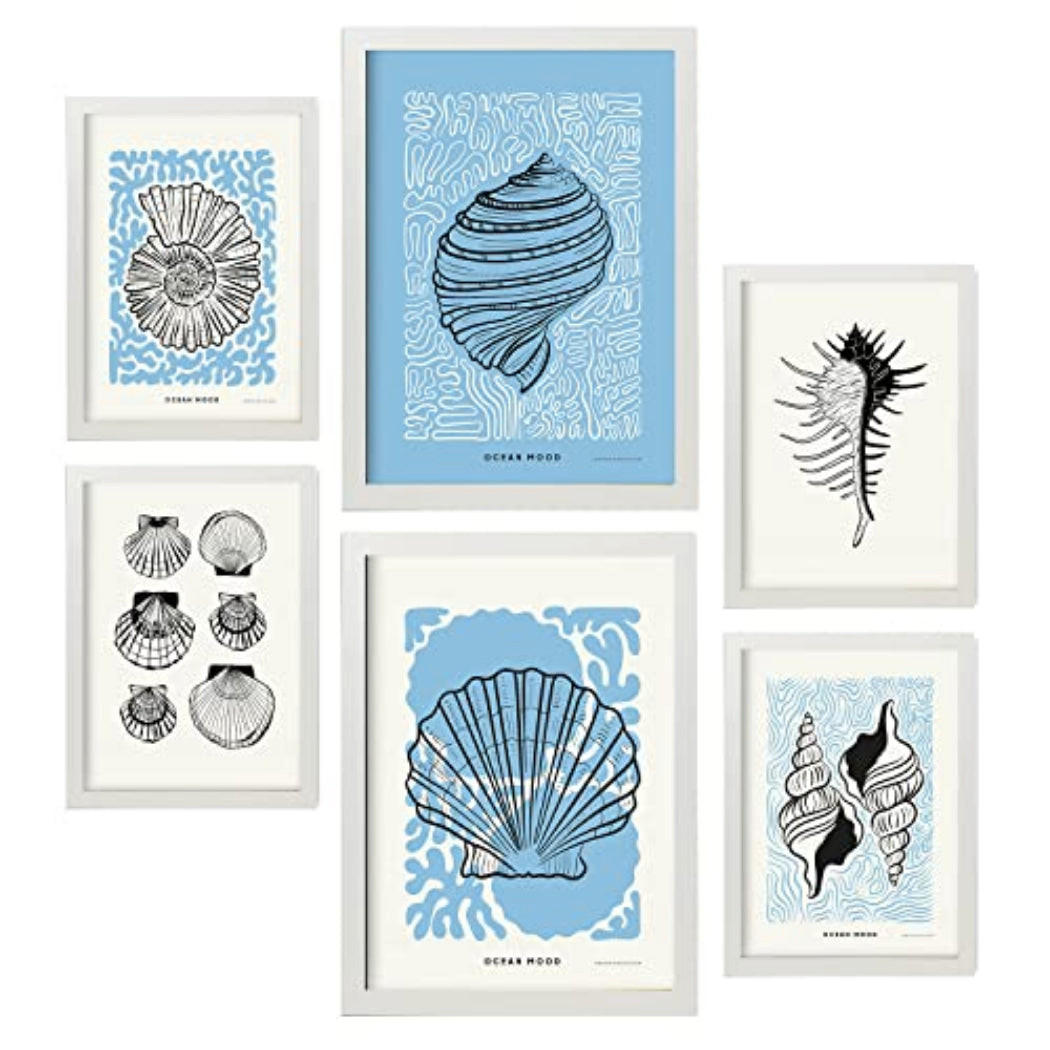 POSTER Set Mit 6 In Schwarzer Tinte Irises Kunstdrucke Von Meer Und Ozean Für Innenarchitektur A3 & A4 Weißer Rahmen - Weiß, Papier (29/3cm) - Nacnic