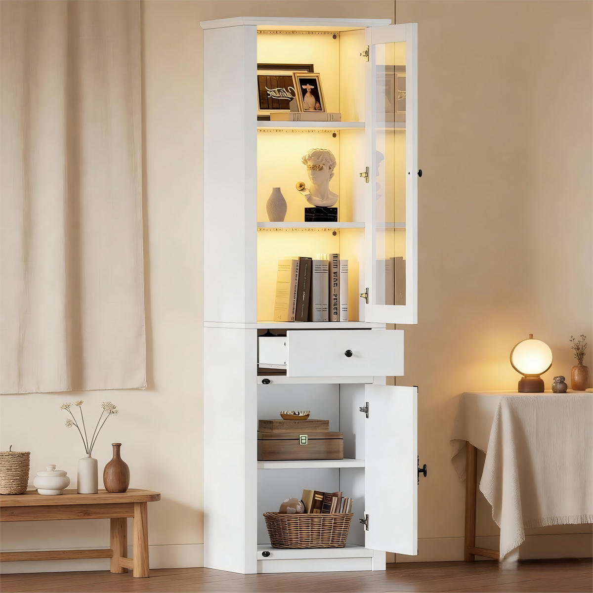VITRINE LED Hochschrank Glas 200cm 2 Türen Schublade Weiß - Weiß, Holzwerkstoff (55/200/40cm) - FLIEKS