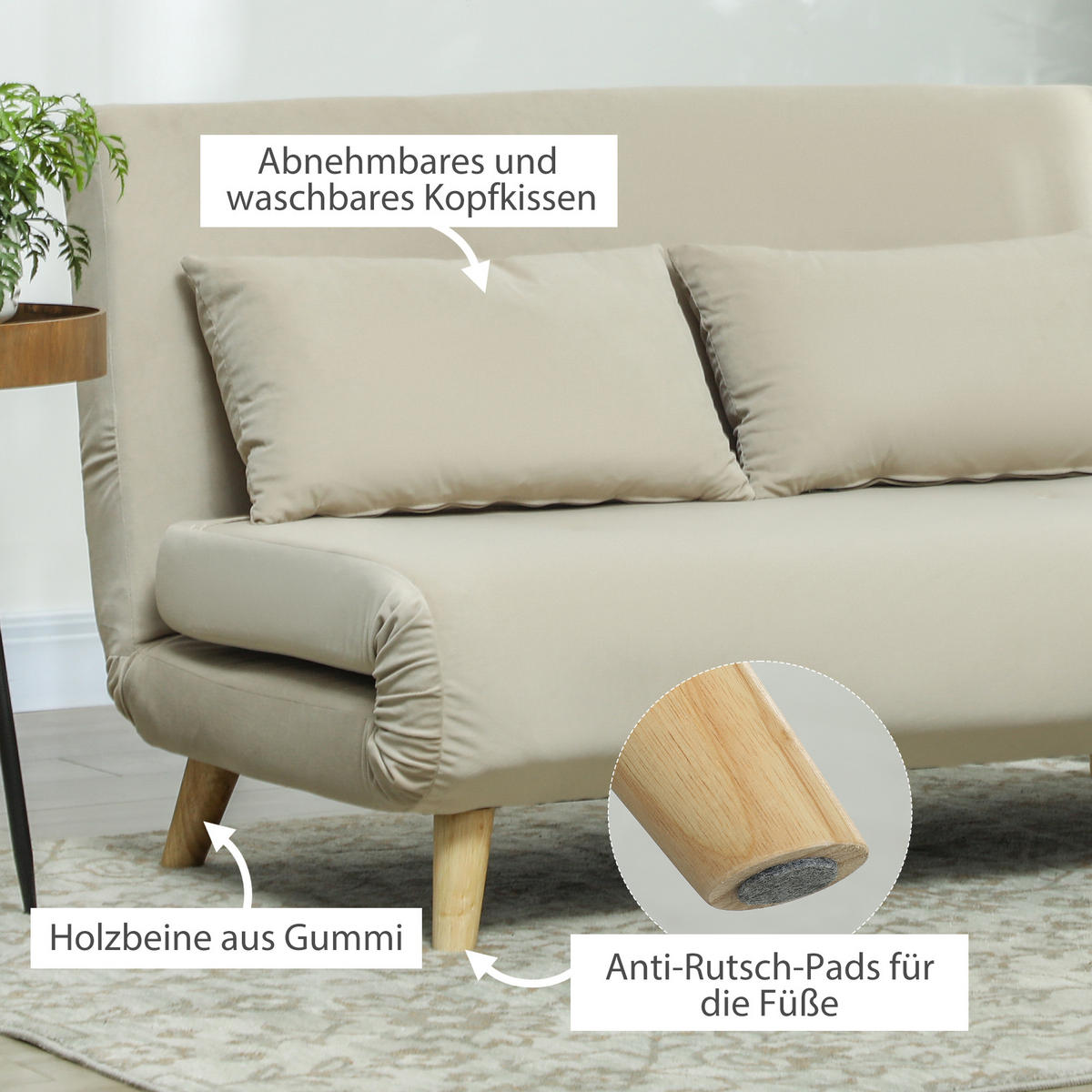 SCHLAFSOFA Sofa mit Schlaffunktion 130 X 78 cm Couch mit Lendenkissen, Beige - Beige/Naturfarben, Holz/Textil (78/79/130cm) - HOMCOM