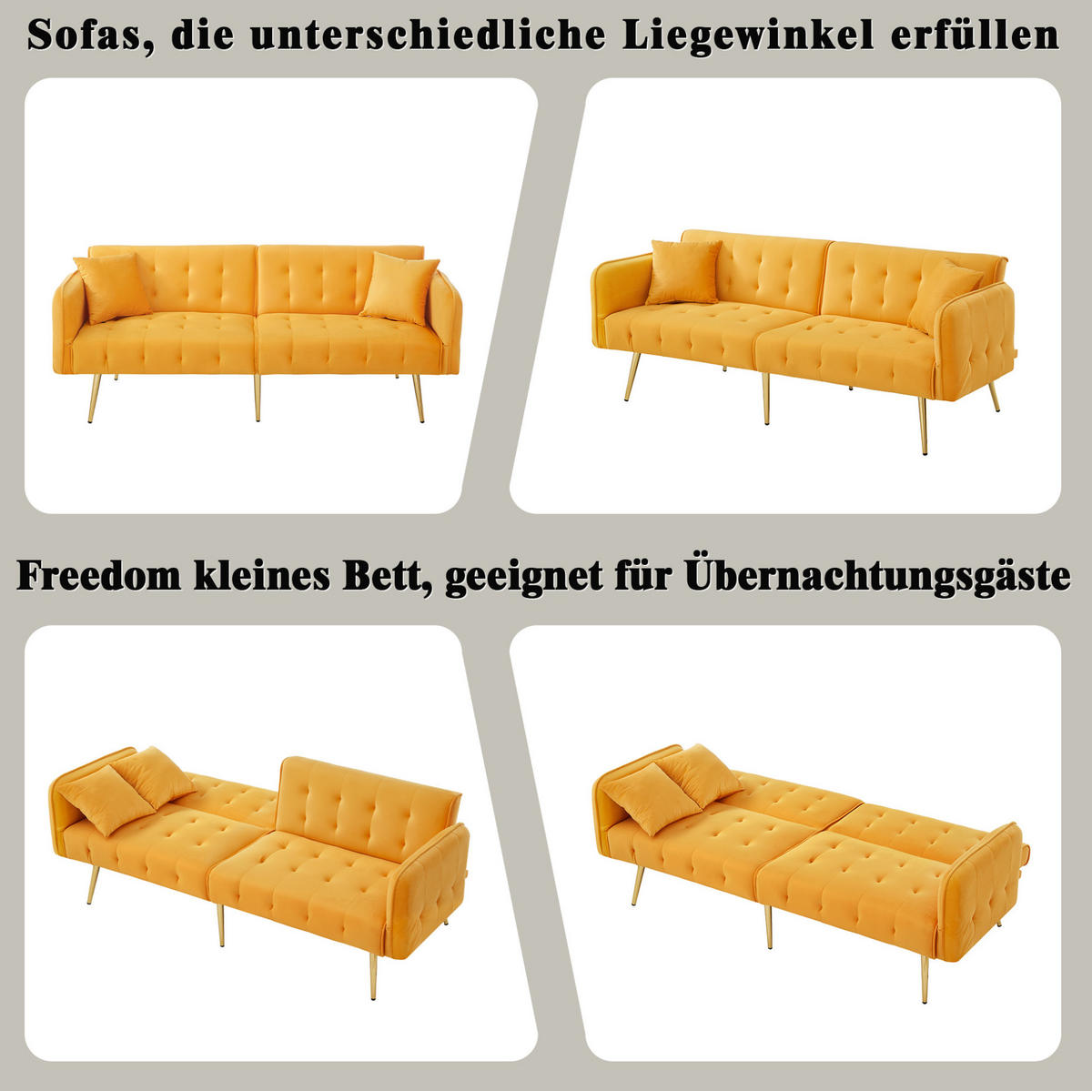 SOFABETT Samt mit verstellbarer Rückenlehne und Armlehnen Gelb 178/82/70 cm - Gelb, Textil (82/70/178cm) - Redom