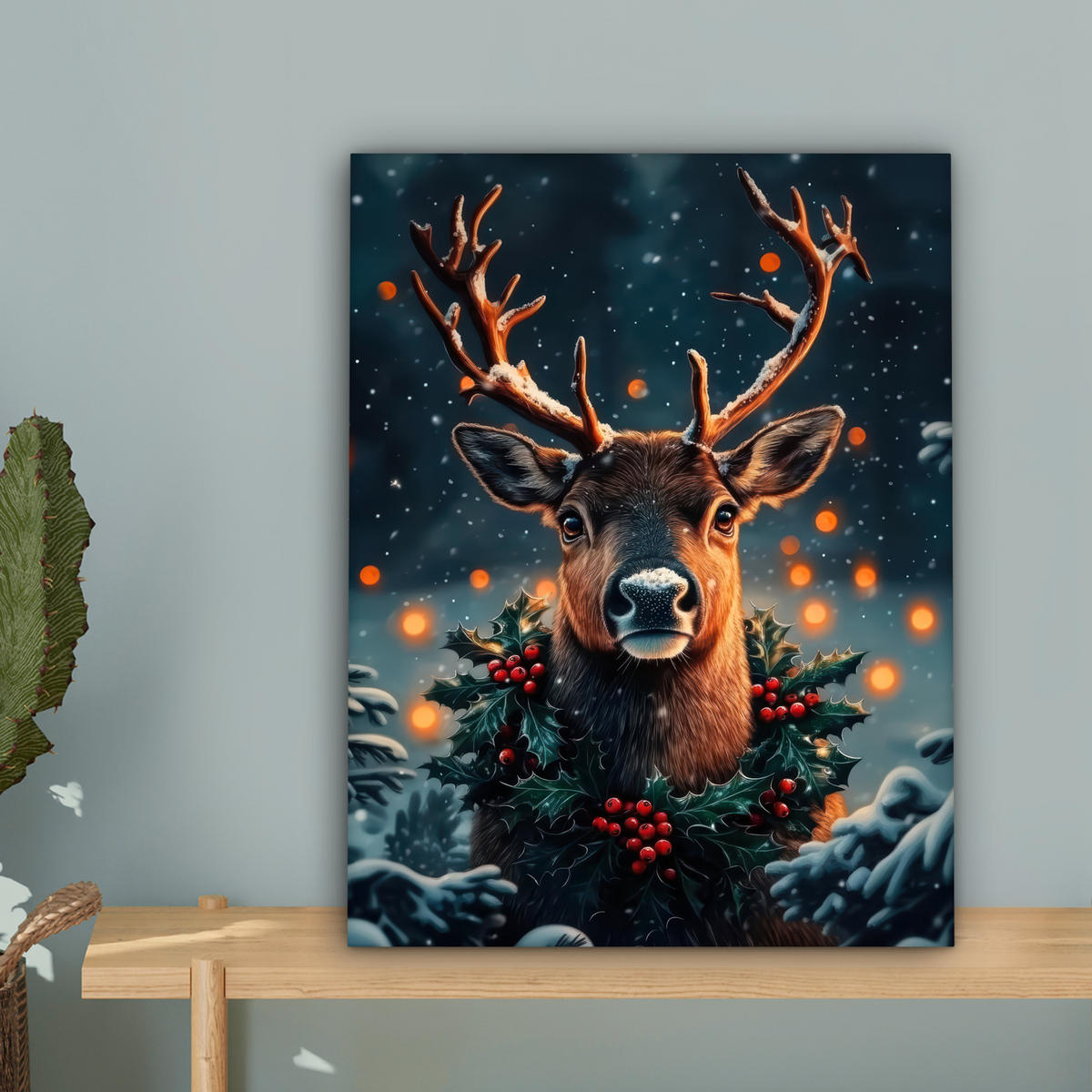 LEINWANDBILD Hirsch - Weihnachten - Winter - Schnee - Weihnachtskranz 30x40 cm - Dunkelbraun, Textil (30/40cm) - MuchoWow