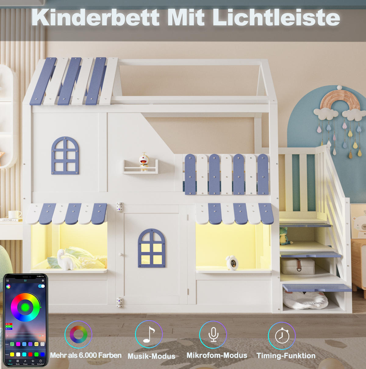 KINDER-ETAGENBETT Holz 90x200 cm Weiß/Blau mit LED, Stauraumleiter und Regalen im Hausbett-Design - Weiß, Holz (90/200cm) - Modfu