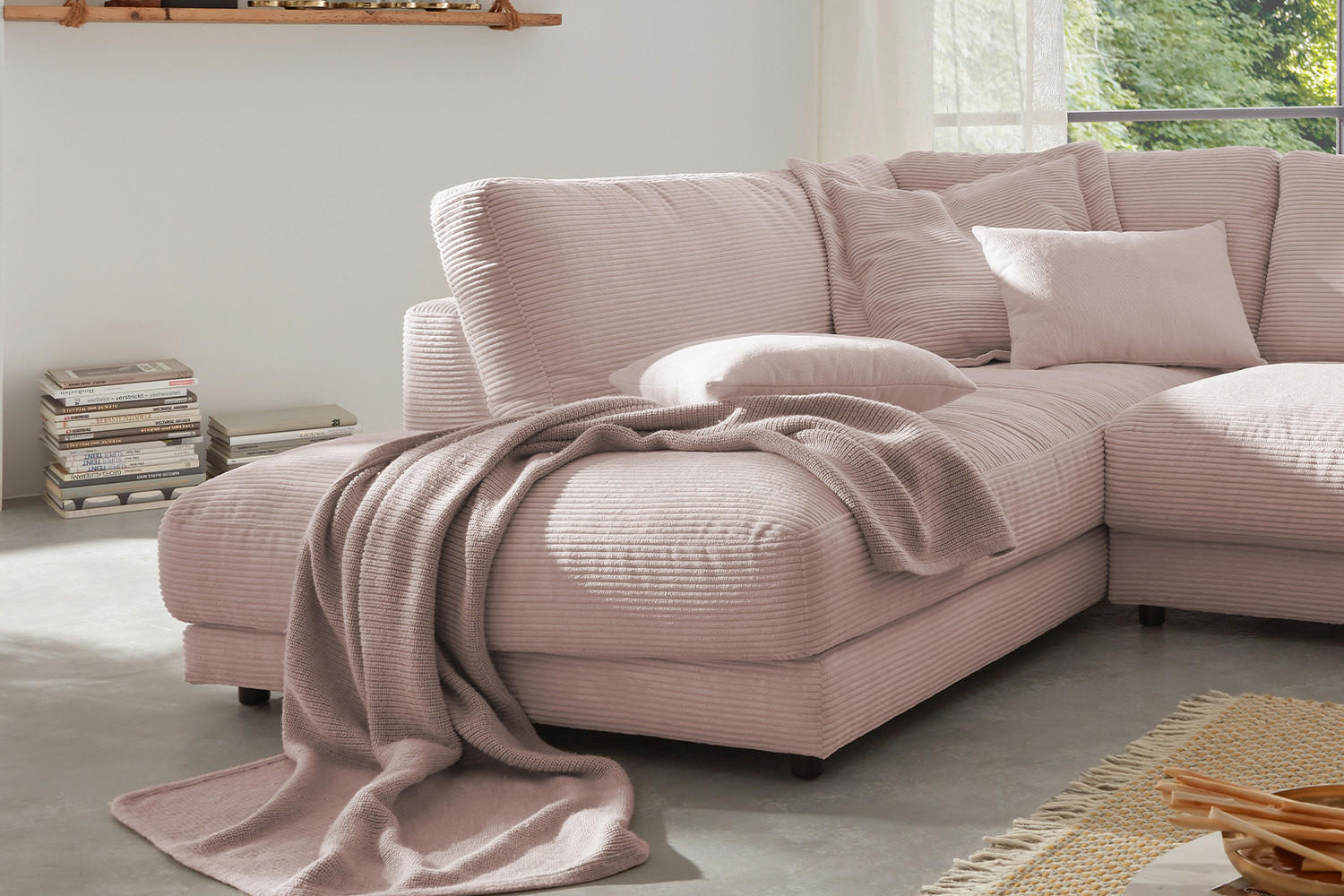 ECKSOFA MADELINE Pink Cord - Pink/Schwarz, Kunststoff/Textil (325/224cm) - KAWOLA