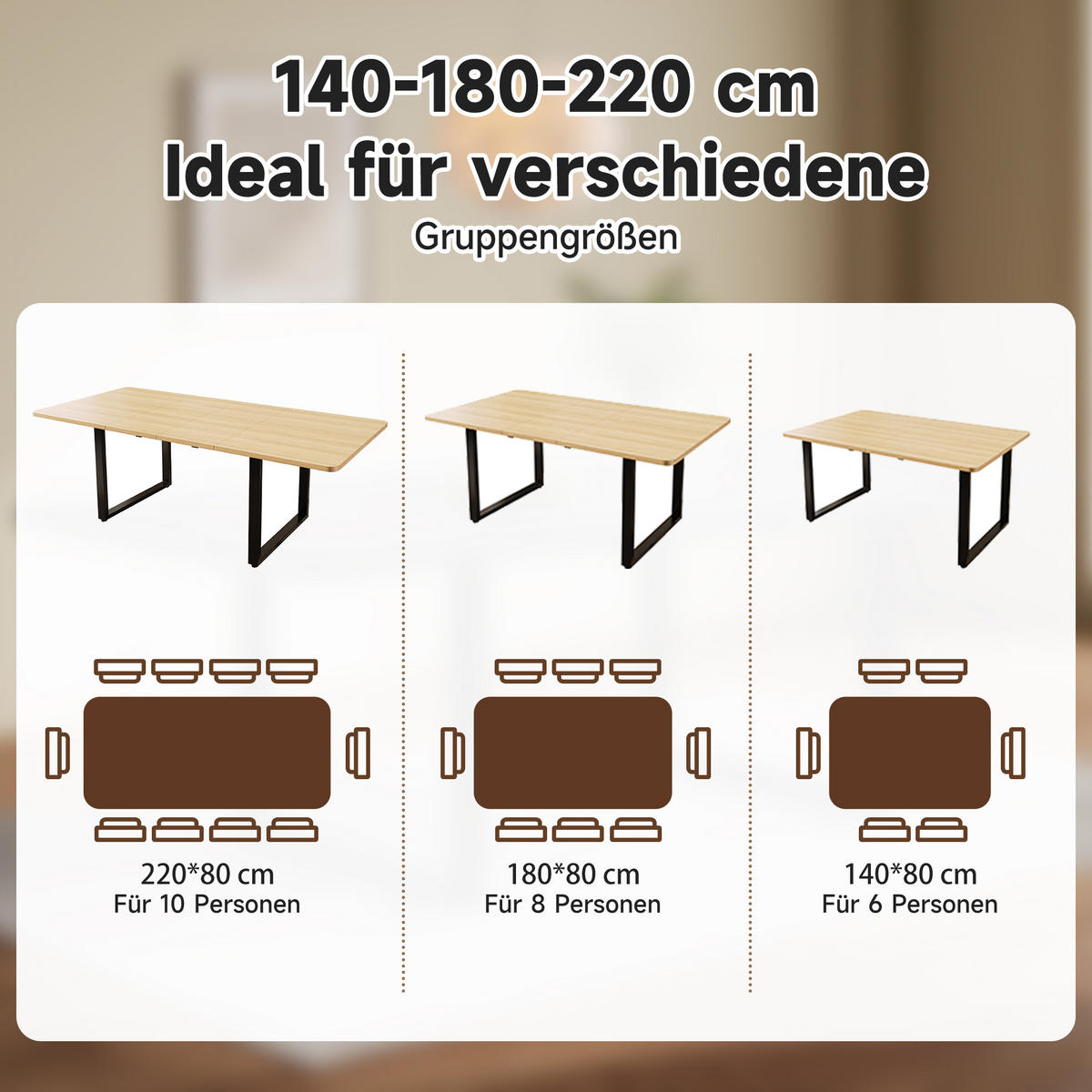 ESSTISCH AUSZIEHBARER 140-220 cm Eiche & Metall – Moderner Esszimmertisch für 6-10 Personen mit Schwerlast-Auszug - Sonoma Eiche, Holzwerkstoff (80/220/75cm) - Urban Meuble