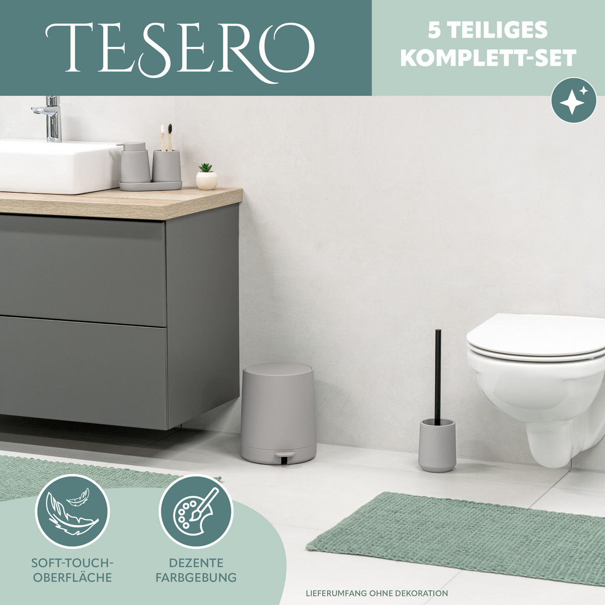 BAD-ACCESSOIRES-SET TESERO, Soft-Touch, taupe - Taupe, Kunststoff (22.5/25.5/25cm) - eluno