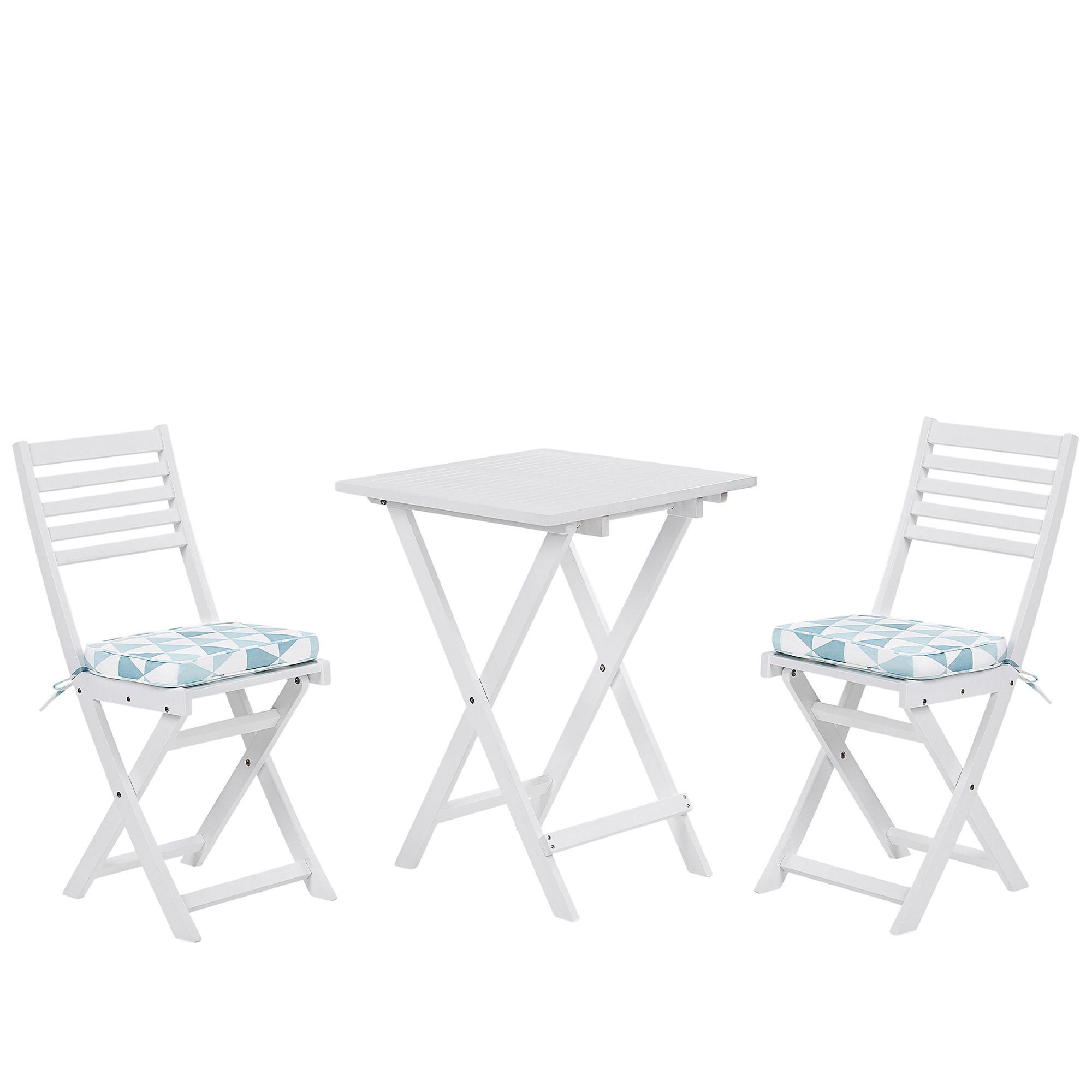 SET ZA BALKON 2-sjed bagremovo drvo bijeli jastuci Dreiecke plavi / bijeli Fiji - bijela/plava, drvo/tekstil - Beliani