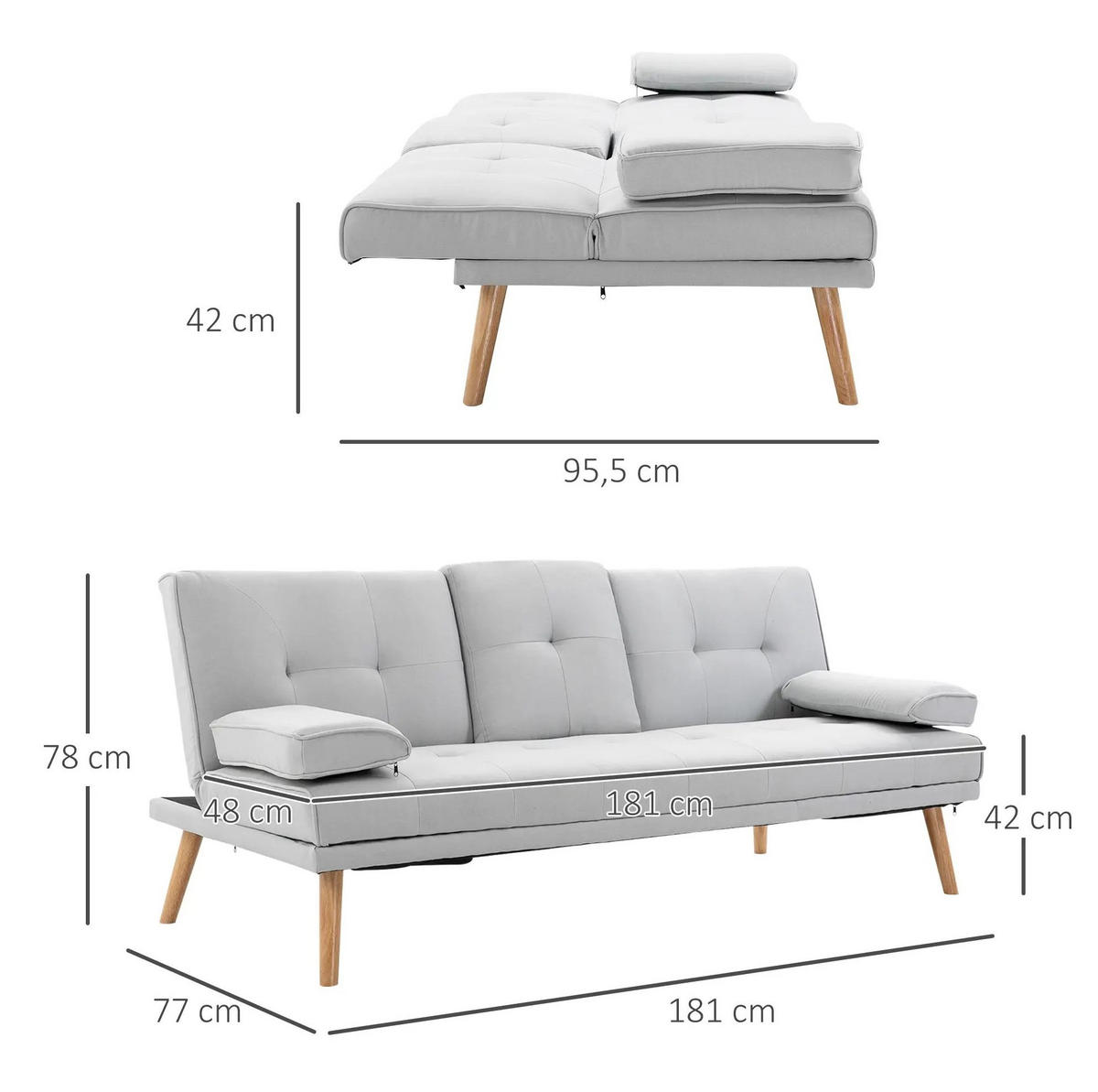 SCHLAFSOFA verstellbar 181 x 77 x 72 cm Polyester Light Gray - Hellgrau, Holzwerkstoff (181/78/77cm) - Meubliv