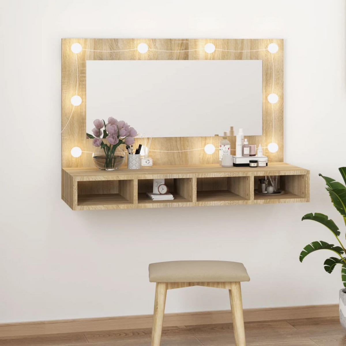 WANDSPIEGEL MIT LED SONOMA-EICHE 90X31,5X62 CM - Sonoma Eiche, Holz (90/62/31.5cm) - vidaXL