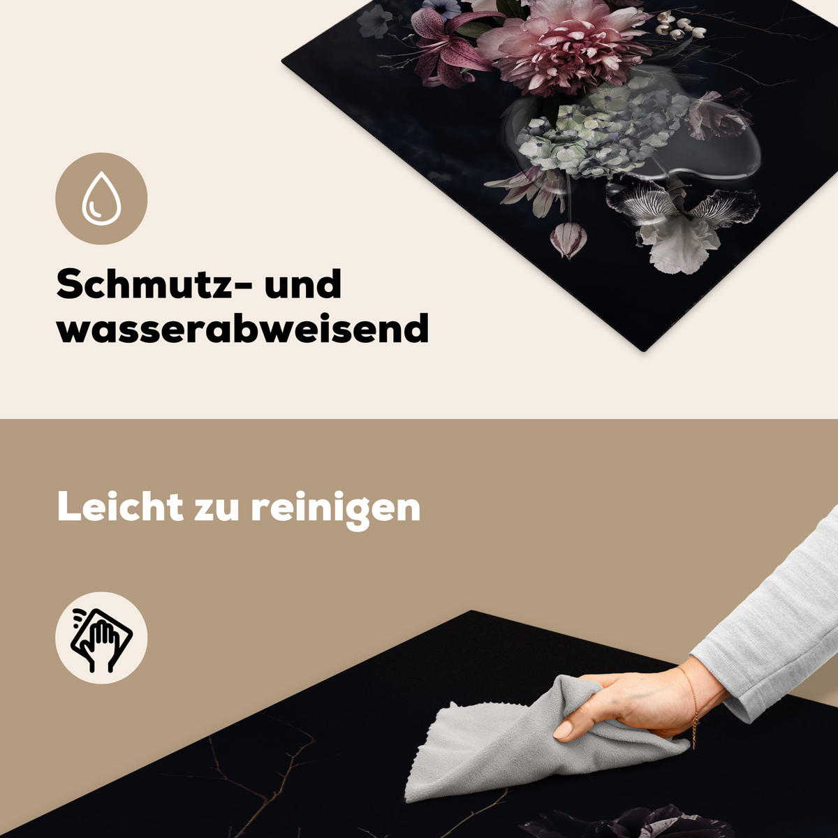 HERDABDECKPLATTE Blumen - Vintage - Pastell - Rosa - Weiß 65x52 cm - Altrosa, Kunststoff (65/52/0.2cm) - MuchoWow