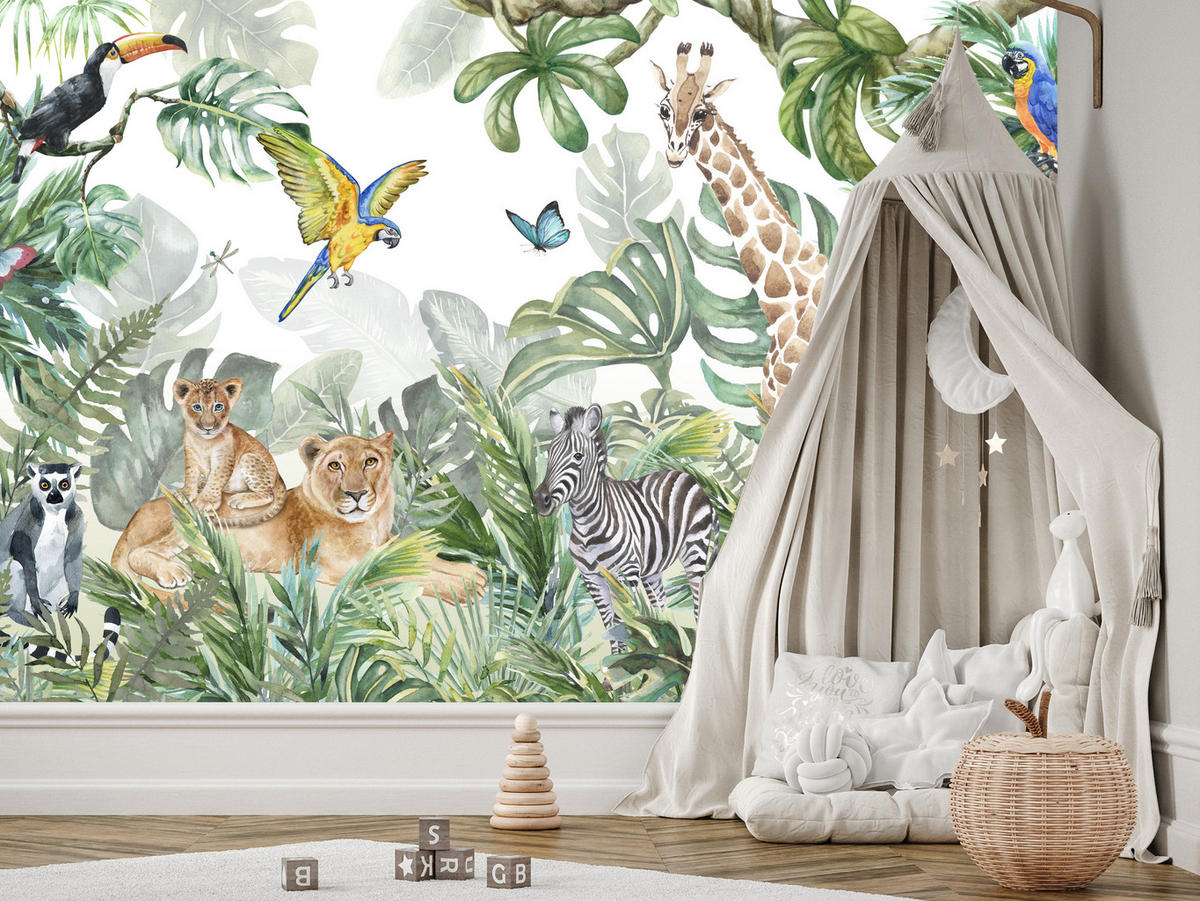 FOTOTAPETE für Kinderzimmer Tropen Dschungel Tiere Palmen Monstera 350x256 - Beige/Orange, Papier (350/256cm) - Muralo
