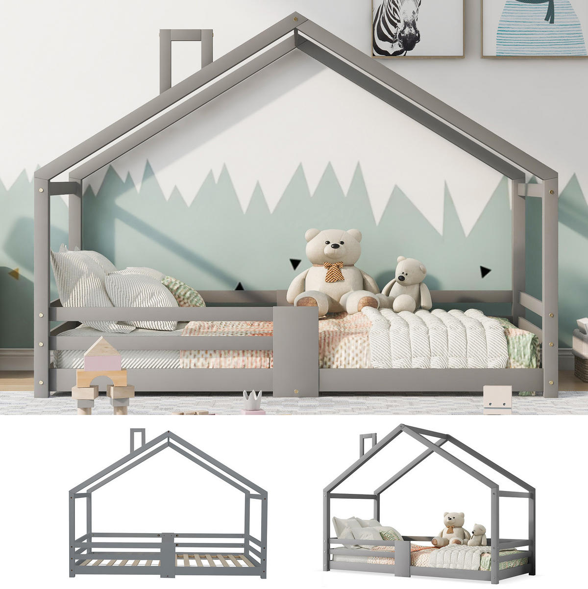HAUSBETT 90/200 cm in Grau – mit Rausfallschutz und Lattenrost - Grau, Holz (90/200cm) - BEAOK