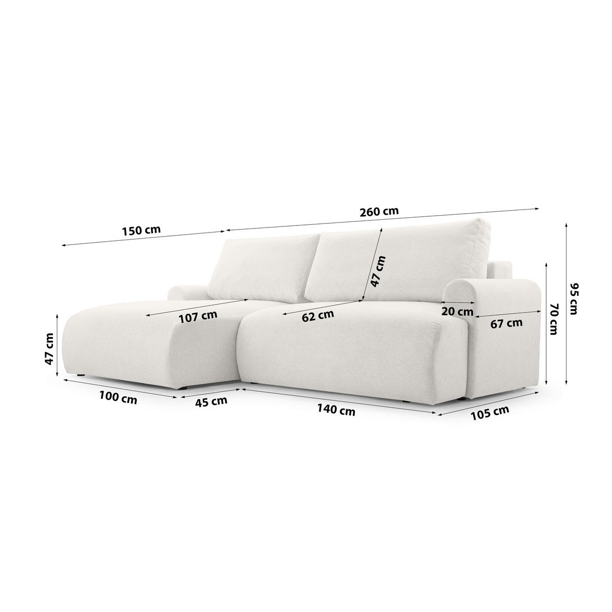 ECKSOFA mit Schlaffunktion Bordon, Weiß - Weiß, Textil (150/260cm) - Fedve