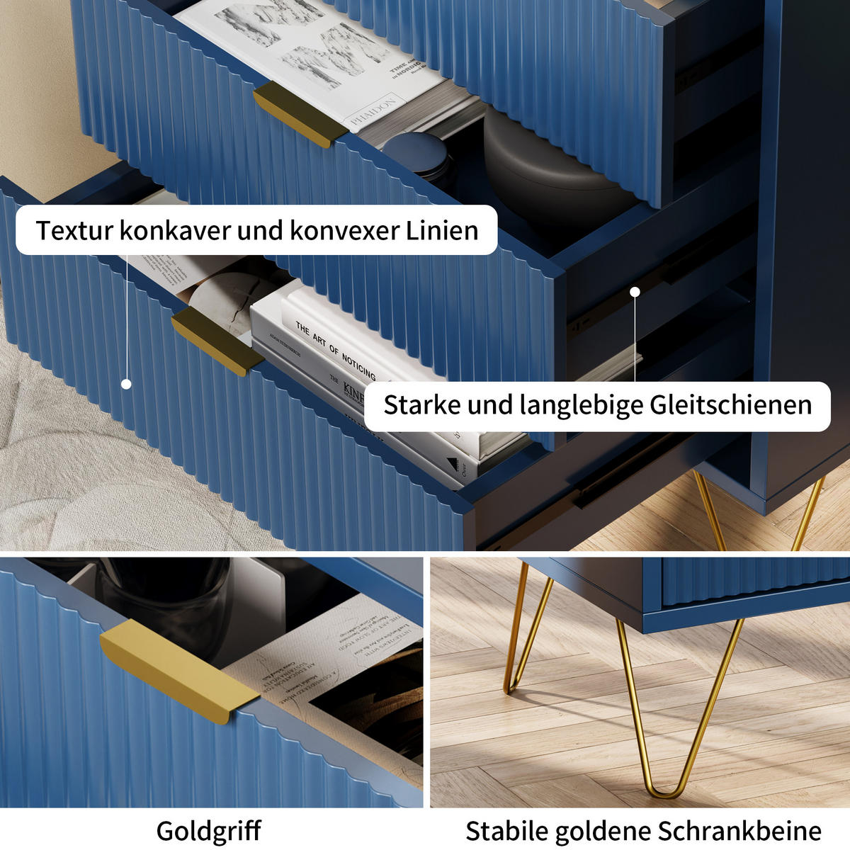 KOMMODE Dunkelblau mit 3 Schubladen & goldenen Metallfüßen - Dunkelblau, Holzwerkstoff (40/70/60cm) - SHOPENTRA