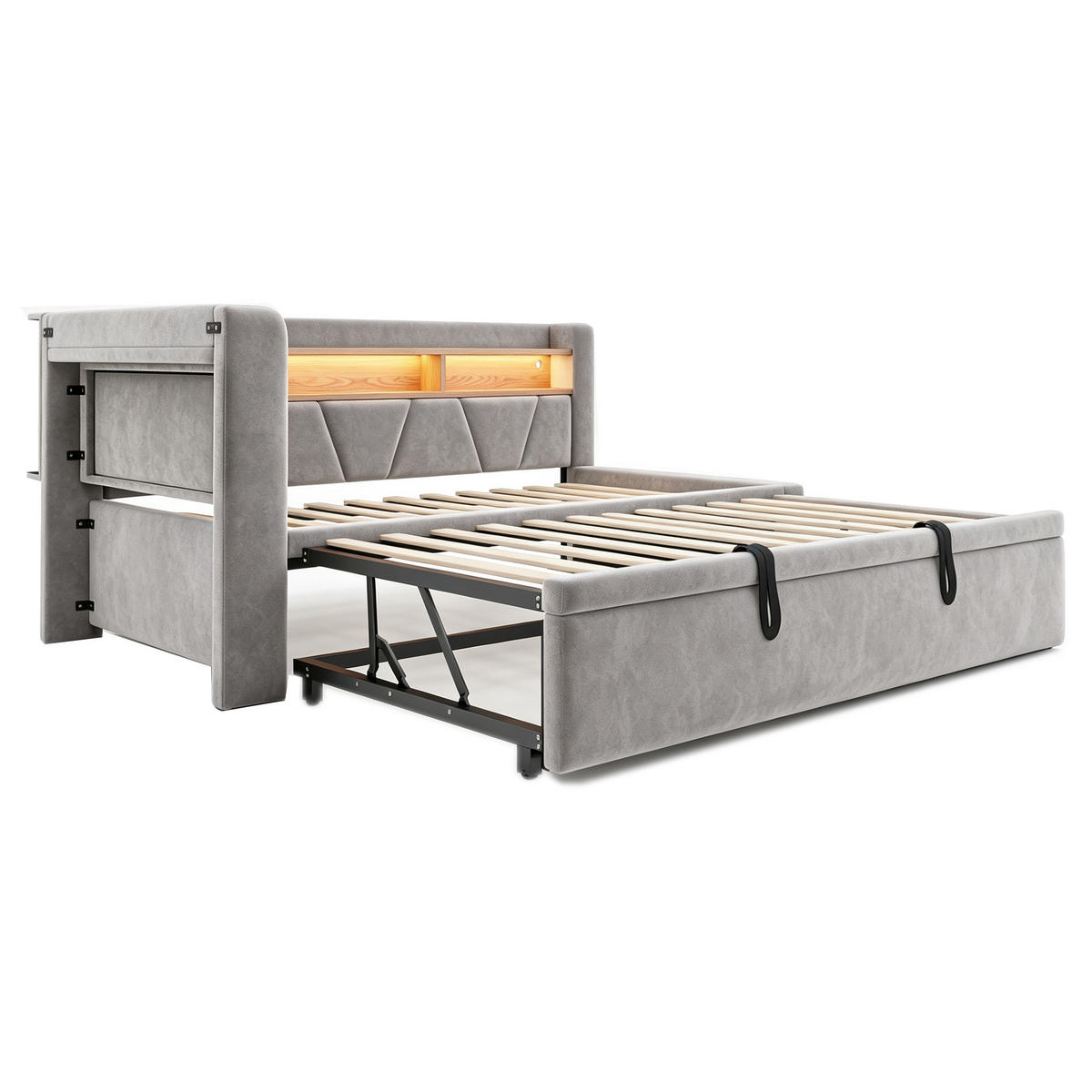 TAGESBETT 90x200/90x190 mit LED, USB/Stauraum, 3-in-1 Funktion, Samt, Grau - Grau, Holz (90/200cm) - LVHOM