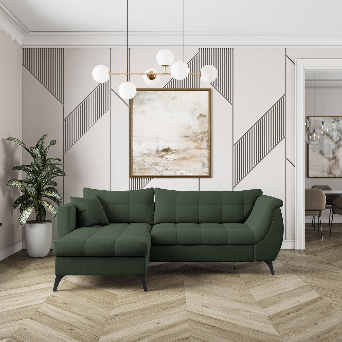 ECKSOFA MOLLIS Grün Geflochtener-Stoff mit Schlaffunktion - Grün, Holz (241/154cm) - MASSENO