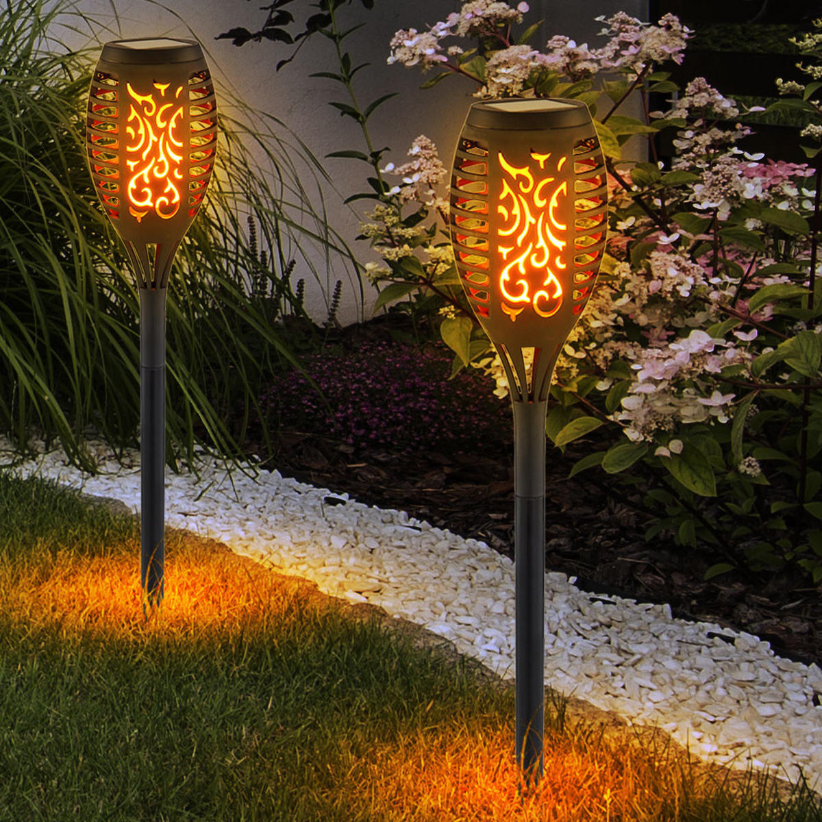 LED AUSSENLEUCHTE Solarleuchte Schwarz Feuereffekt 6er Set - Schwarz, Kunststoff (7.5/7.5/51cm) - Globo Lighting