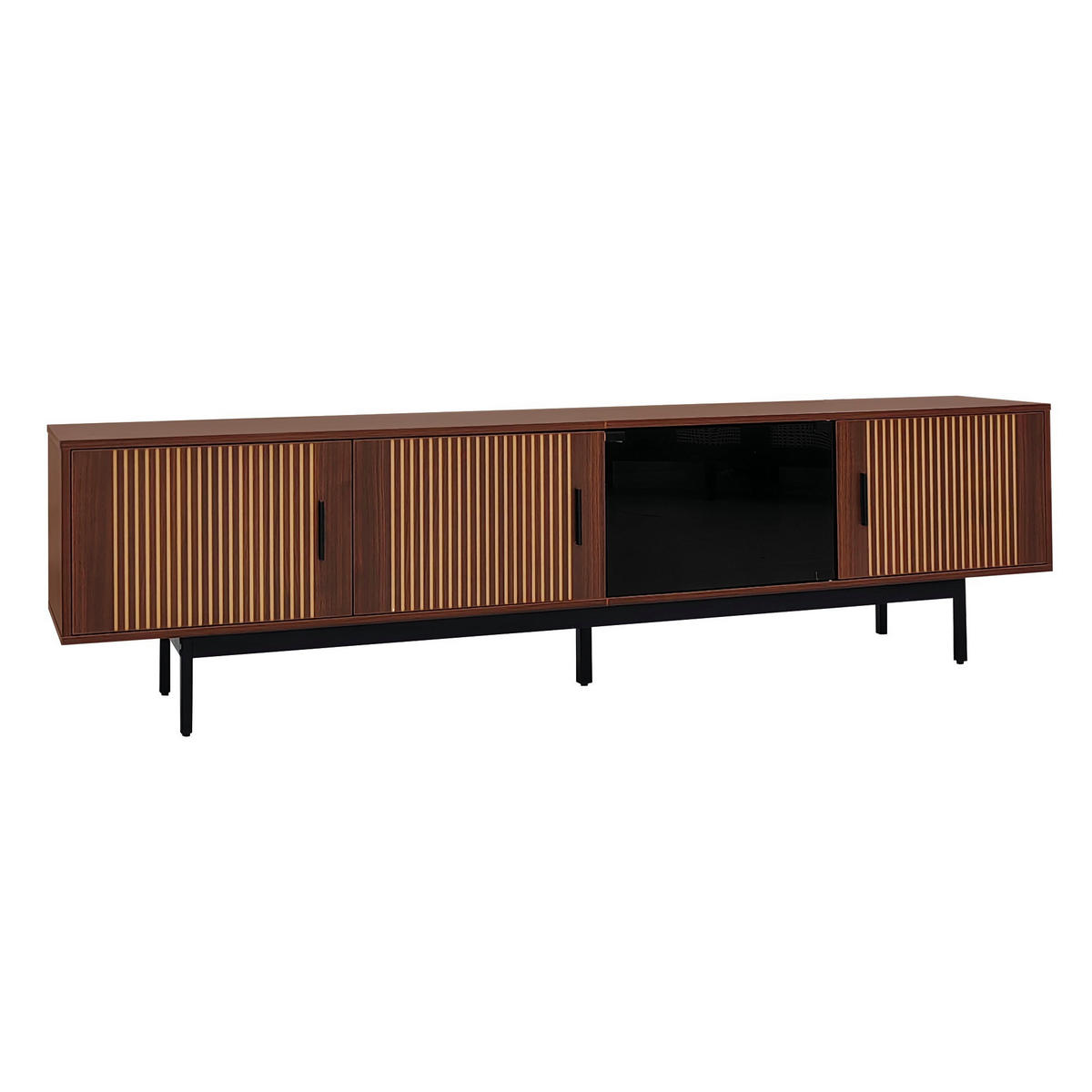 LOWBOARD in Walnussfarben TV-Schrank mit LED und geschnitzter Textur für Wohnzimmer, B200/T35/H53 cm - Walnussfarben/Schwarz, Glas/Holzwerkstoff (200/53/35cm) - STILVORA