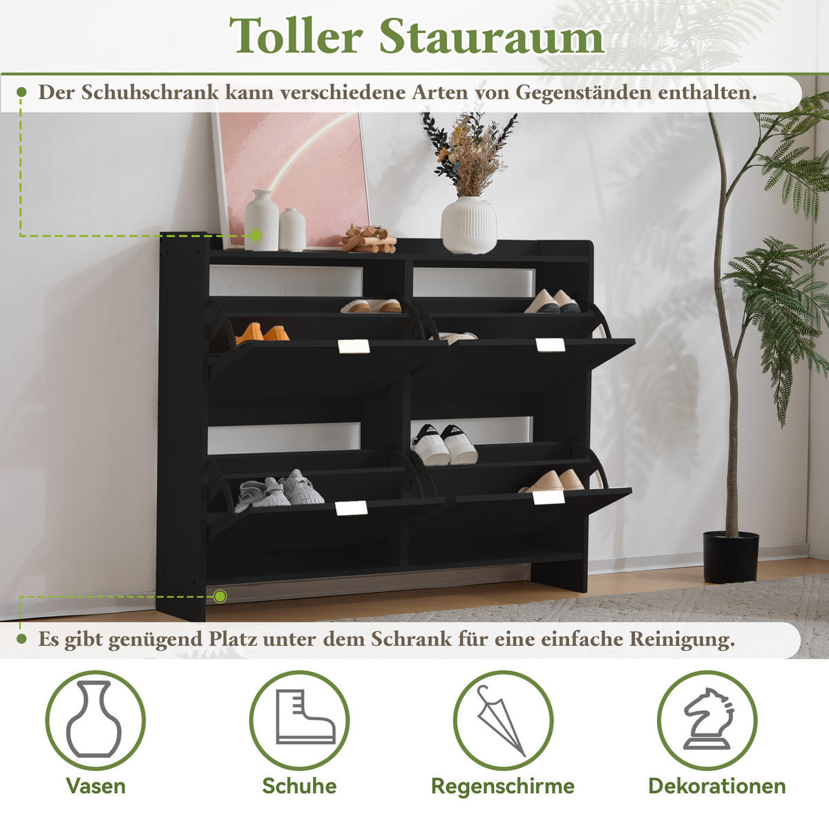 SCHUHSCHRANK Modern 4 Fächer Schwarz 110x24x90cm - Schwarz, Holzwerkstoff (24/90/110cm) - FLIEKS