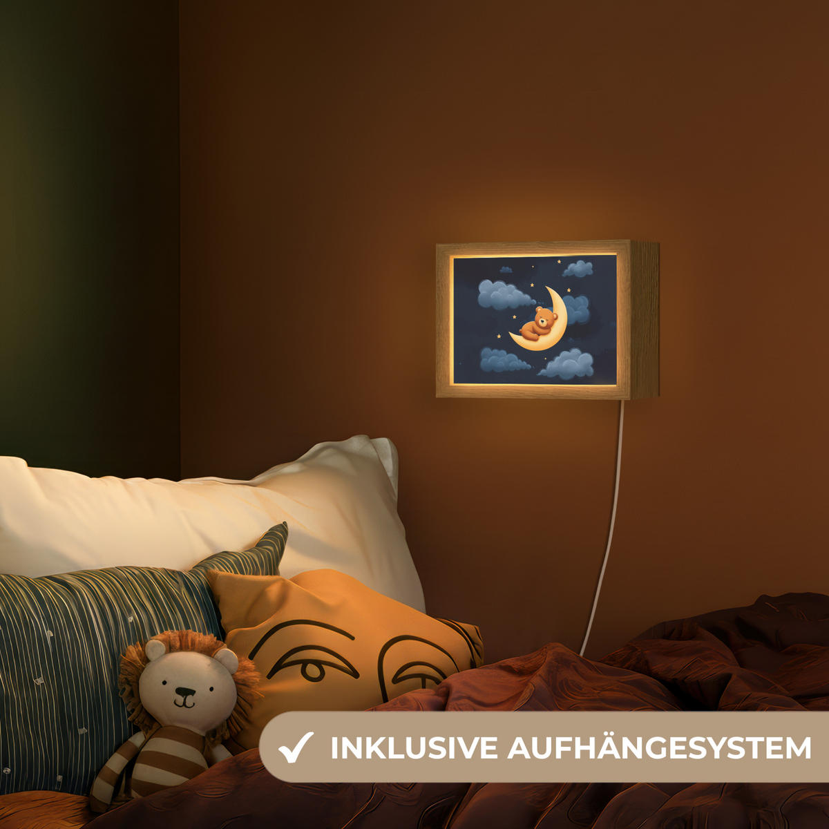 NACHTTISCHLAMPE Teddybär - Mond - Wolken - Sterne 20x15 cm - Dunkelblau, Holzwerkstoff (8/20/15cm)