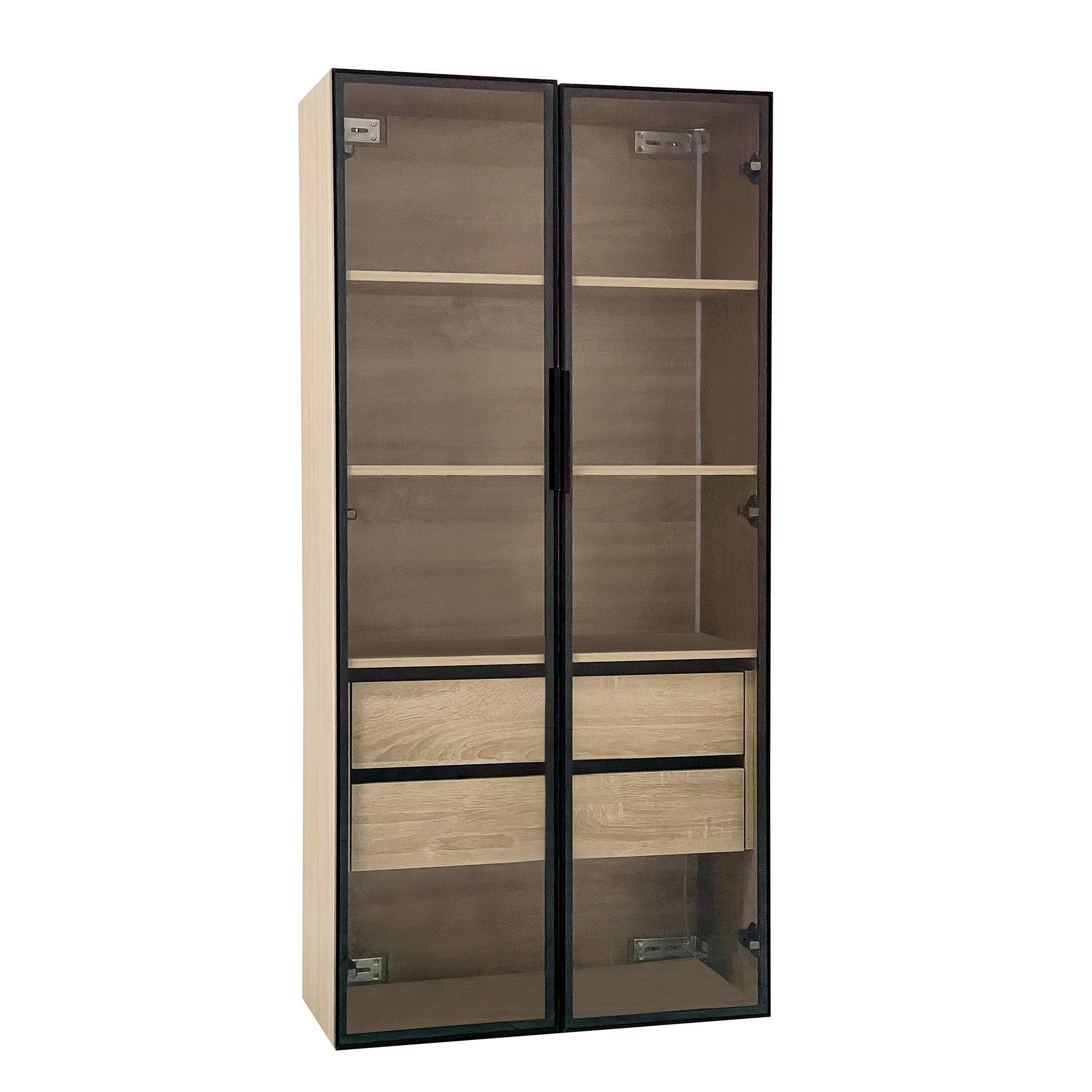 BADEZIMMERSCHRANK 74x36x155 cm Natural aus Spanplatte mit LED-Beleuchtung & Glasschranktüren - Naturfarben, Holzwerkstoff (74/155/36cm) - Modfu
