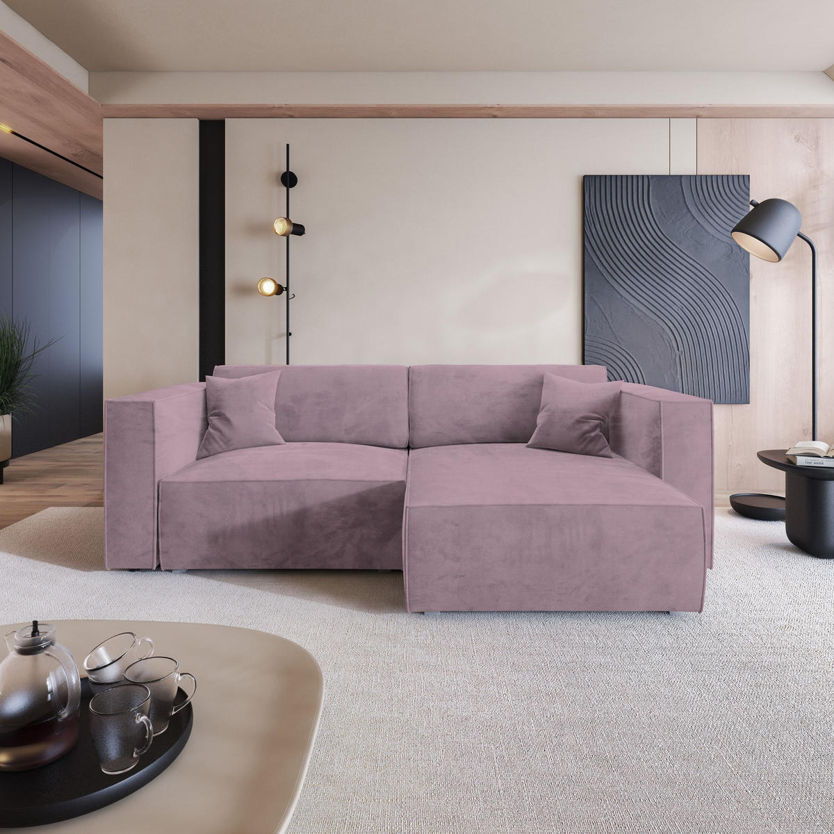 ECKSOFA NERIO M Lila Velours-Stoff mit Schlaffunktion - Lila, Holz (245/148cm) - MASSENO