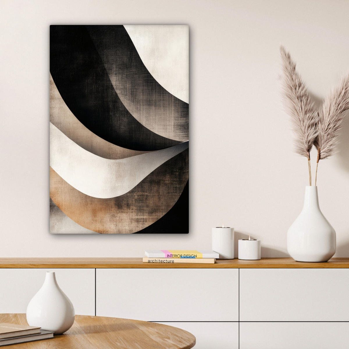 LEINWANDBILD Abstrakt - Wellen - Schwarz - Verwittert Wanddeko Schlafzimmer 60x90 cm - Trüffeleichefarben, Textil (60/90cm) - MuchoWow