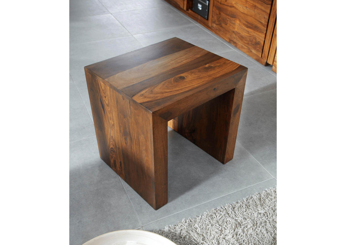 HOCKER Sheesham 45x40x40 walnuss lackiert DUKE #111 - Dunkelbraun, Holz (45/40/40cm) - Massivmoebel24