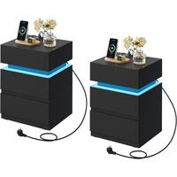 NACHTTISCH 2er Set mit Ladefunktion und LED, Schwarz - Schwarz, Holzwerkstoff (40/55/35cm) - Woltu