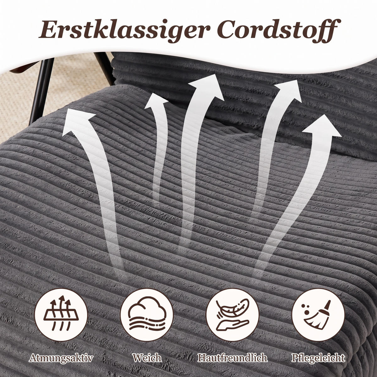 XXL-SESSEL mit Armlehnen, Cord Loungesessel, Ergonomisch, Grau - Grau, Textil/Metall (71/75/100cm) - LVHOM