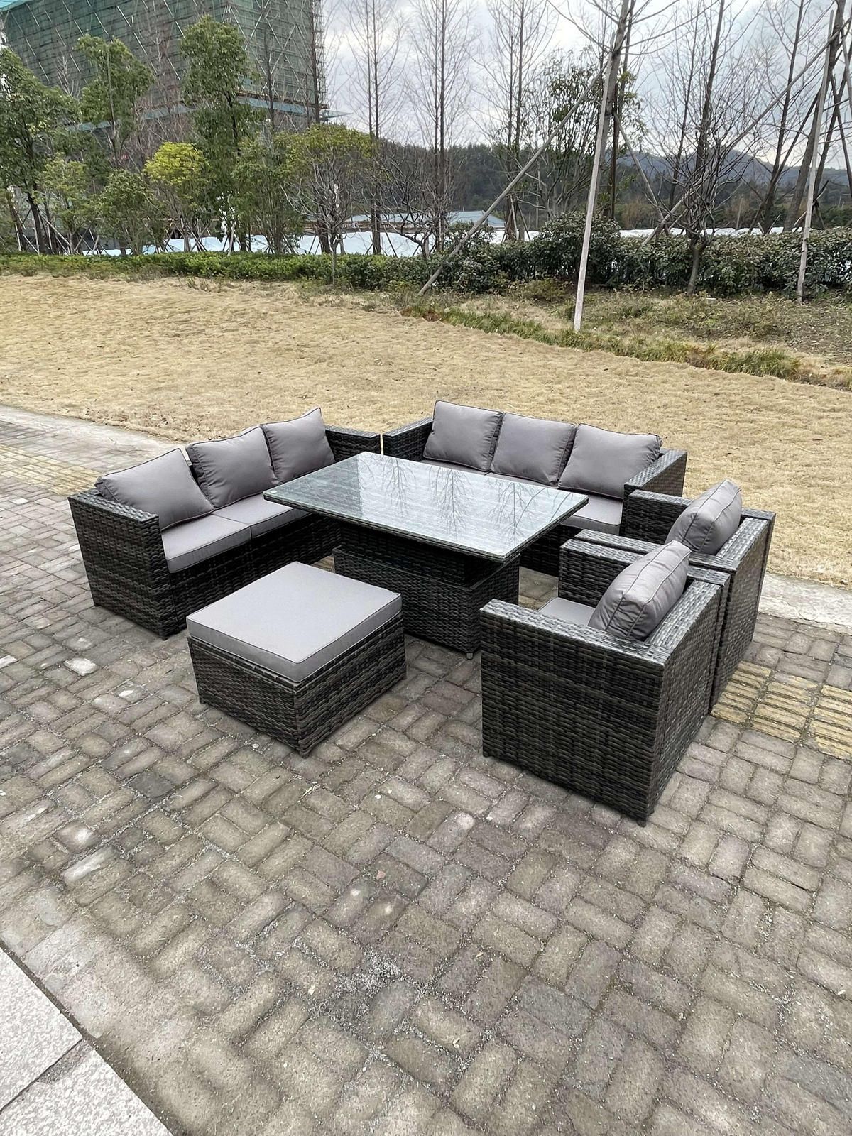 GARTENMÖBEL SET mit Hocker Polyrattan 9-Sitzer - Dunkelgrau/Grau, Glas/Kunststoff - Fimous