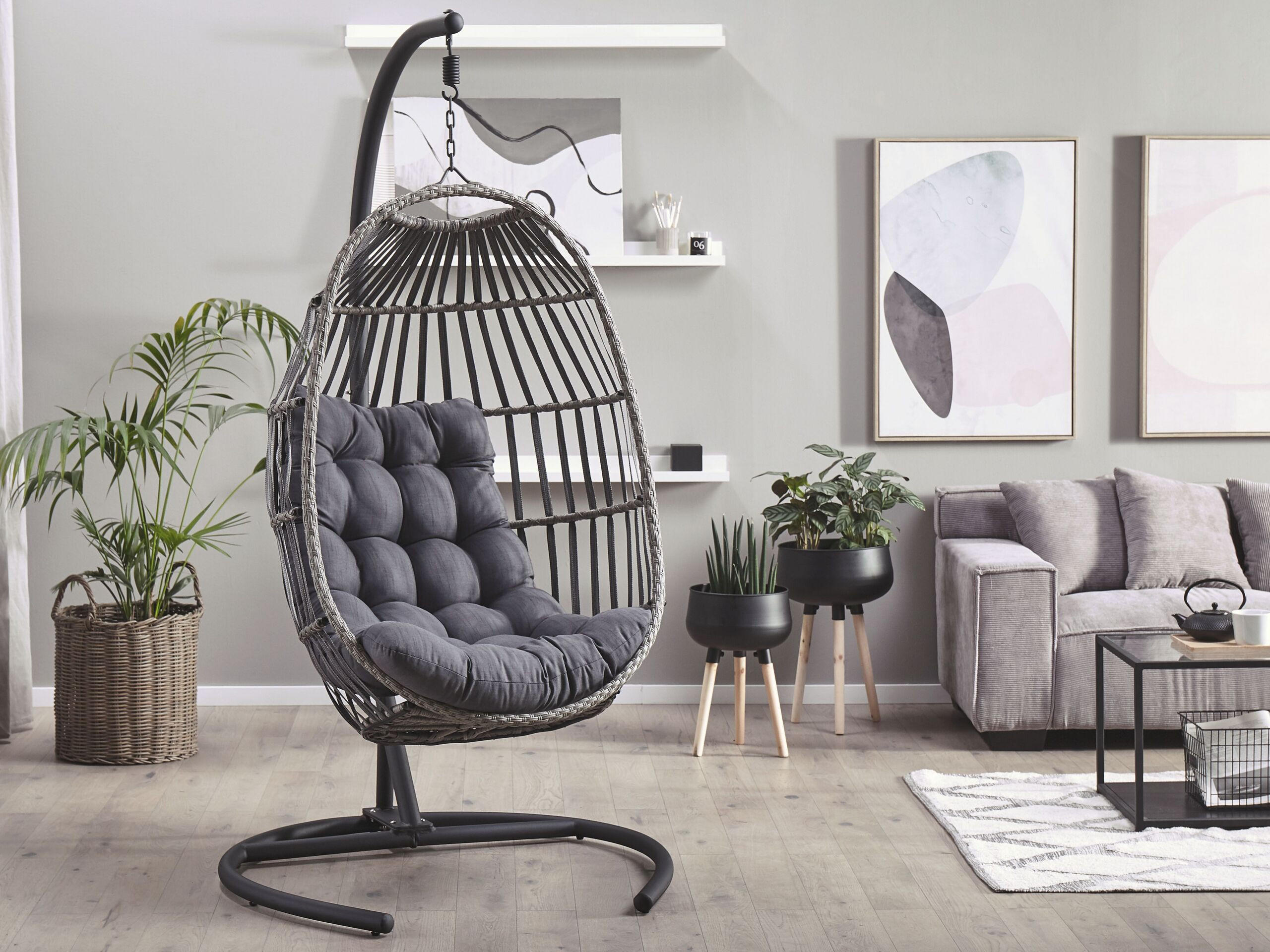 HÄNGESESSEL mit Gestell PE Rattan dunkelgrau 105 cm Sesia - Dunkelbraun, Textil (105/198/105cm) - Beliani