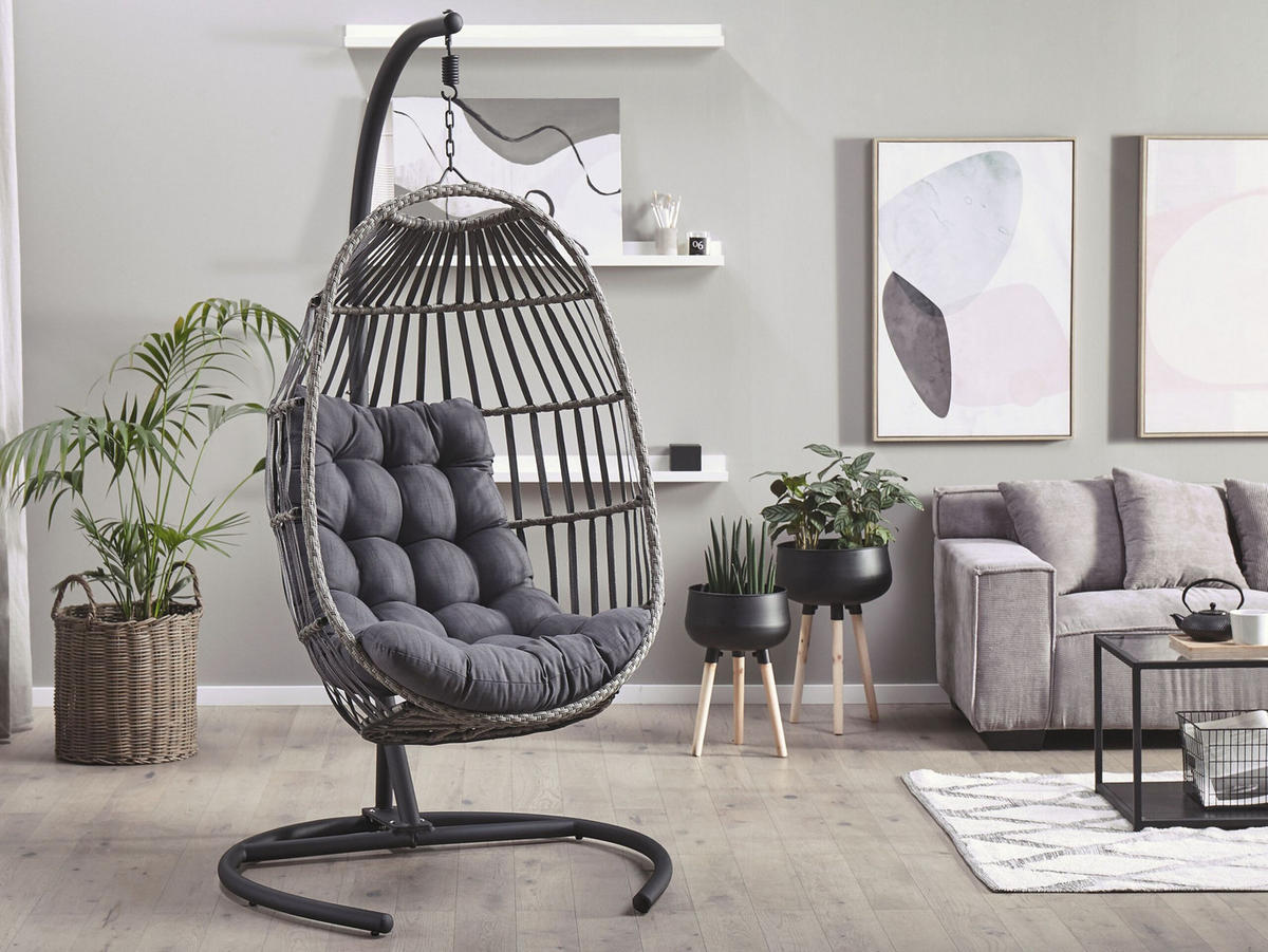 HÄNGESESSEL mit Gestell PE Rattan dunkelgrau 105 cm Sesia - Dunkelbraun, Textil (105/198/105cm) - Beliani