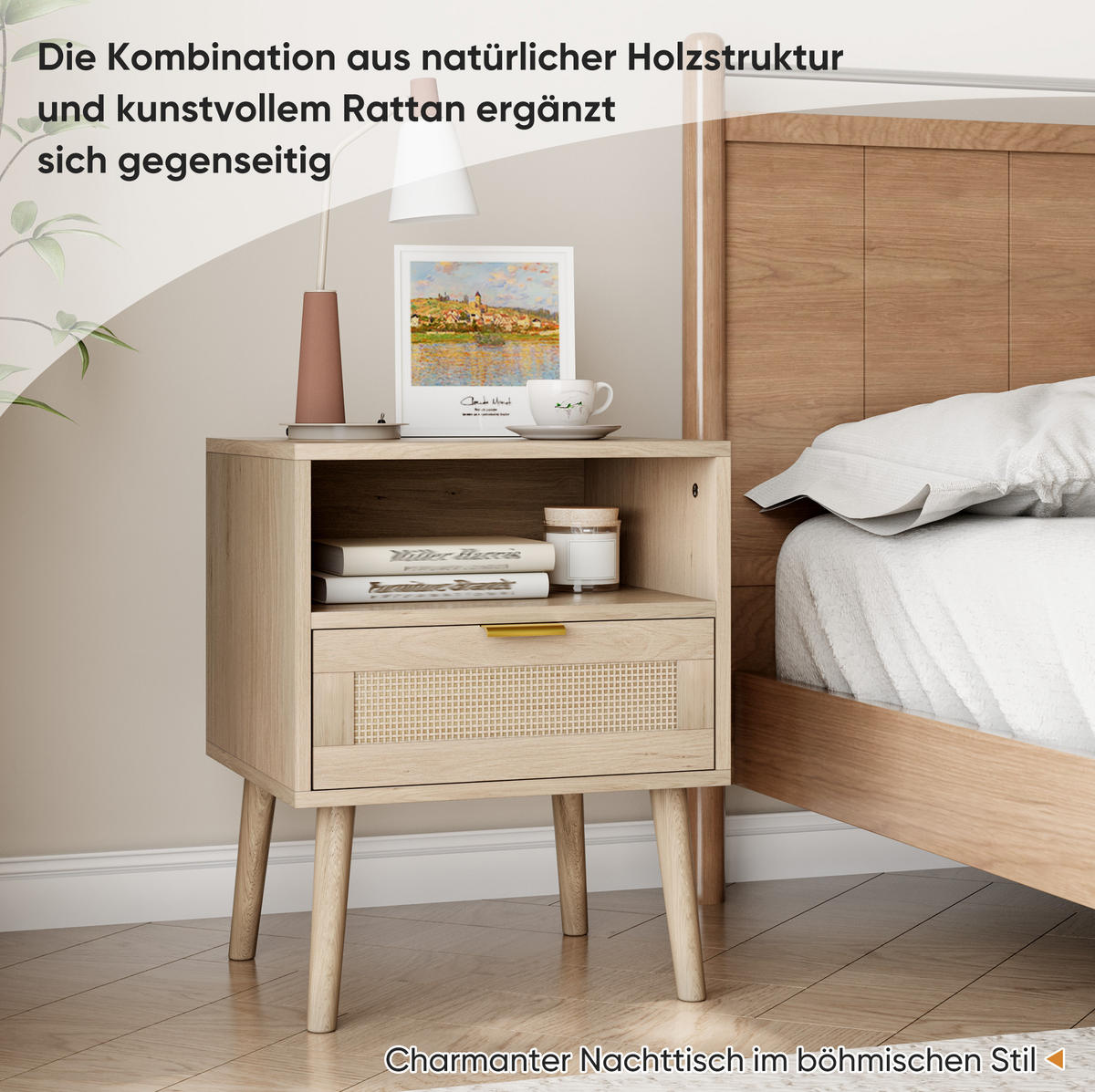 NACHTTISCH aus MDF und Holzwerkstoff 45x40x55 cm Eichefarben mit Schublade und offenem Fach in Rattan-Optik - Nussbaumfarben, Holzwerkstoff (45/55/40cm) - Modfu