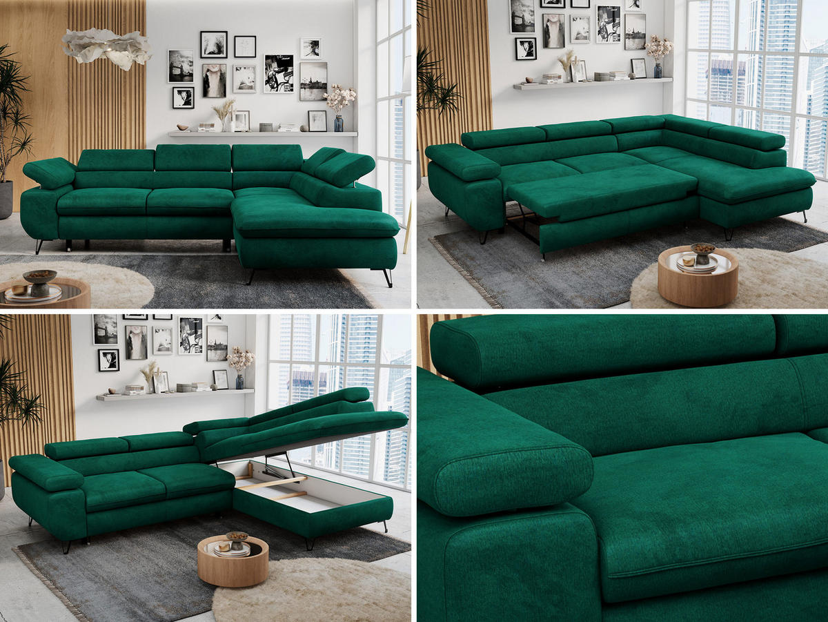 ECKSOFA PETER L Dunkelgrün Velvet - Rechts Seite - Dunkelgrün/Schwarz, Textil/Metall (273/208cm) - MKS