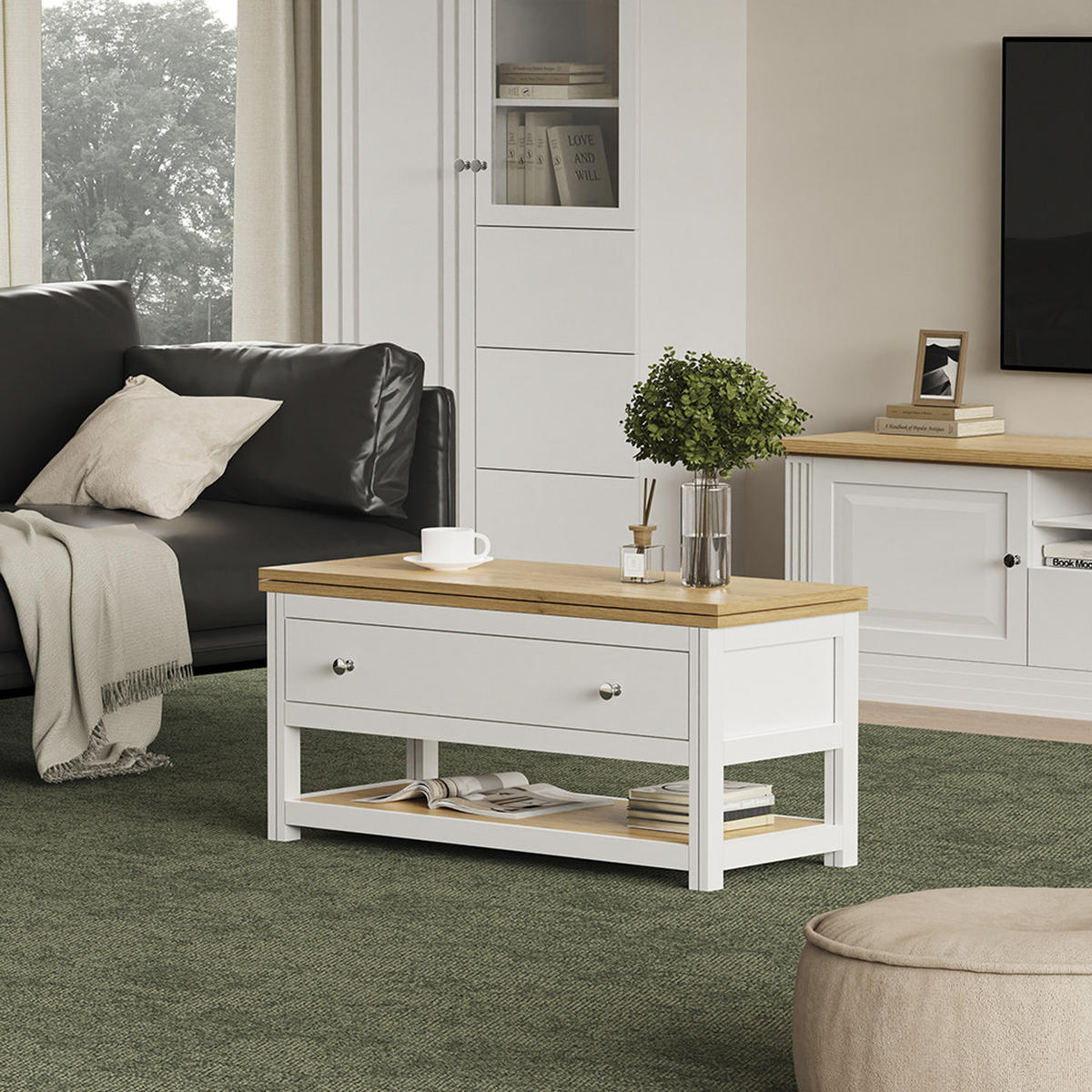 COUCHTISCH Vikla Weiß/Eiche 100 x 40 cm mit ausklappbarer Tischplatte - Weiß, Holzwerkstoff (40/100/44.5cm) - Vicco