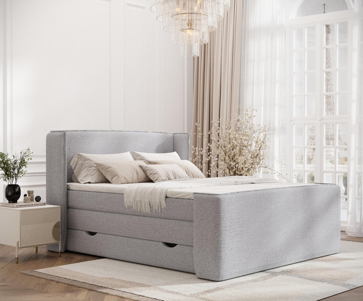 BOXSPRINGBETT Freeland Hellgrau 160/200 cm mit Matratze und Topper - Hellgrau/Schwarz, Holz/Holzwerkstoff (160/200cm) - Maison de Reve