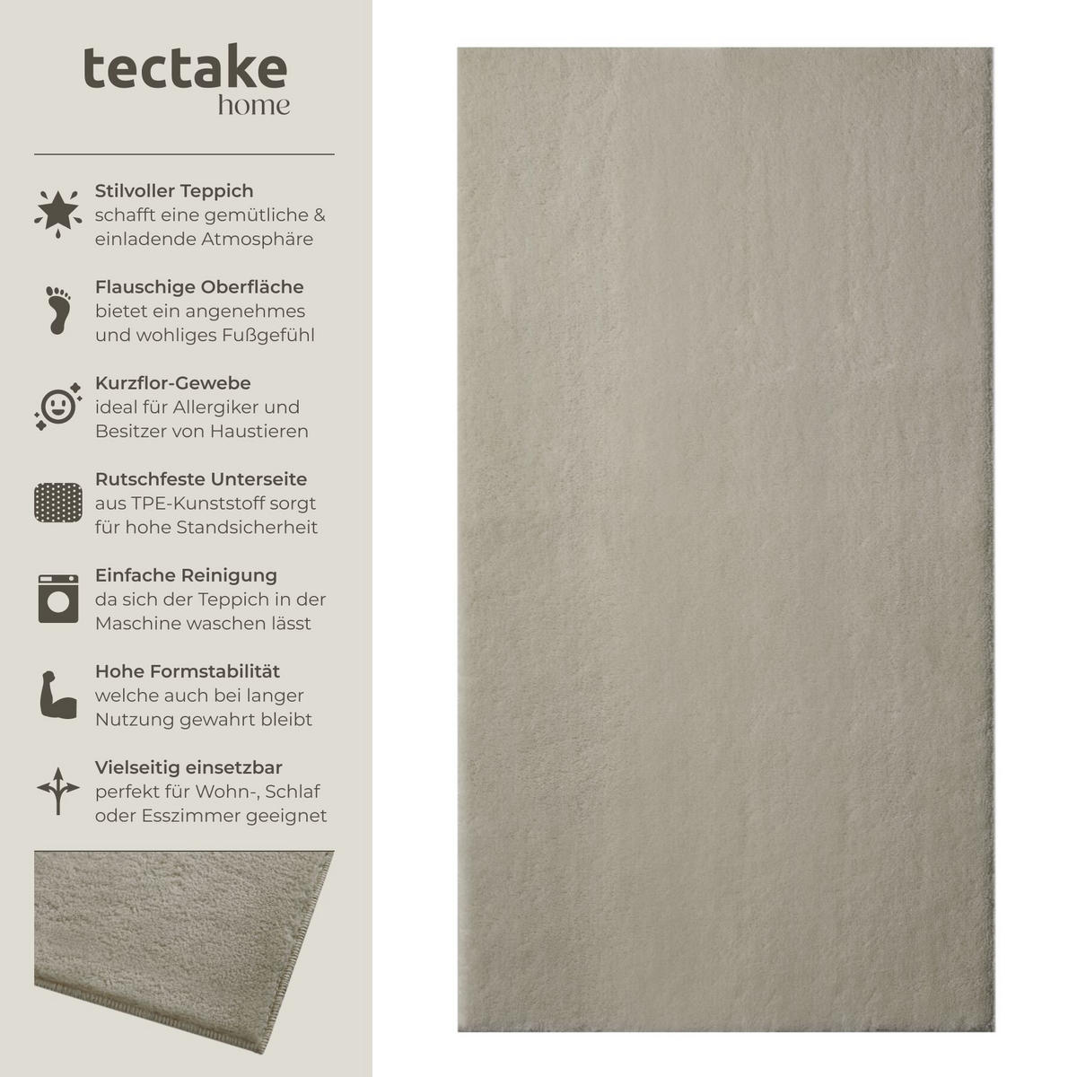 KURZFLORTEPPICH Soft Zone, rutschfeste Unterseite, Sand - Sandfarben, Textil (150/80cm) - tectake
