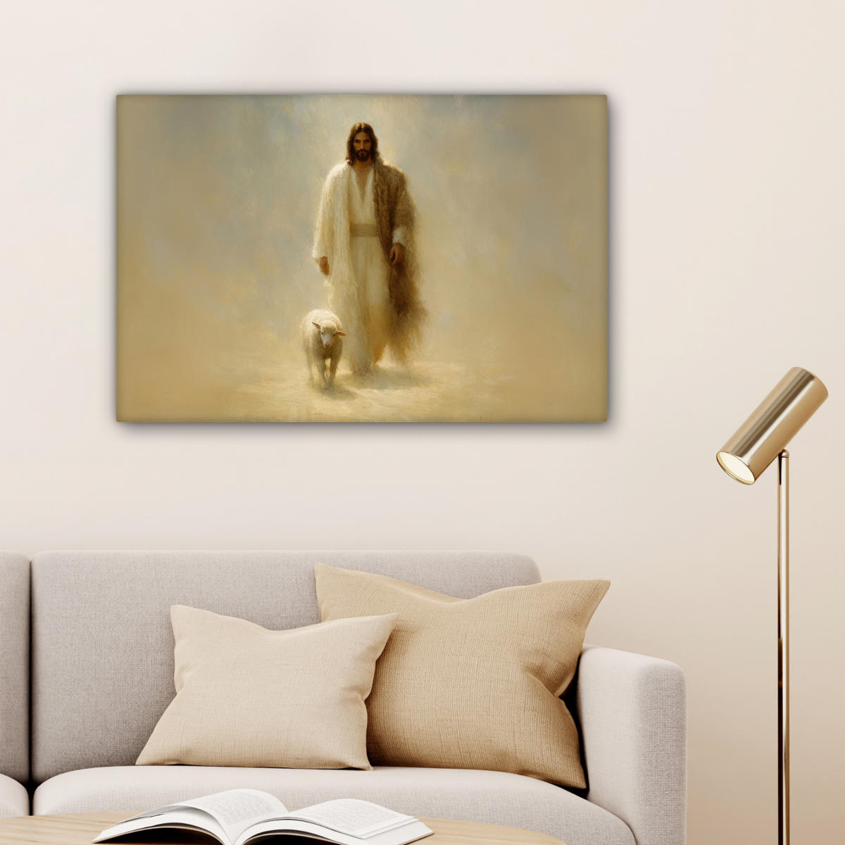 LEINWANDBILD Schaf - Jesus - Pinselstriche - Abstrakt Wanddeko 90x60 cm - Sandfarben, Textil (90/60cm) - MuchoWow