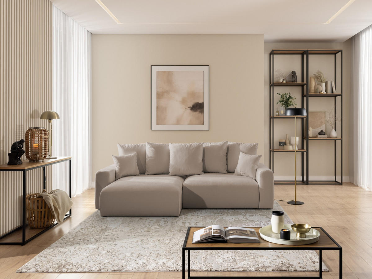 ECKSOFA Calma mit Schlaffunktion und Bettkasten im Bumpy-Design aus weichem Greige Webstoff - Ottomane links - Greige/Schwarz, Holz/Kunststoff (239/140cm) - S-Style
