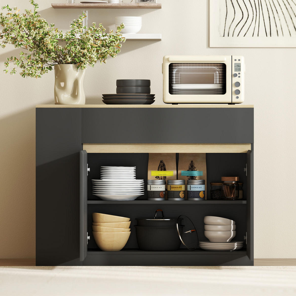SIDEBOARD DE-11197 2 Schubladen, 3 offene Fächer Schwarz - Schwarz, Holzwerkstoff (110/82/29.5cm) - ComfortXL