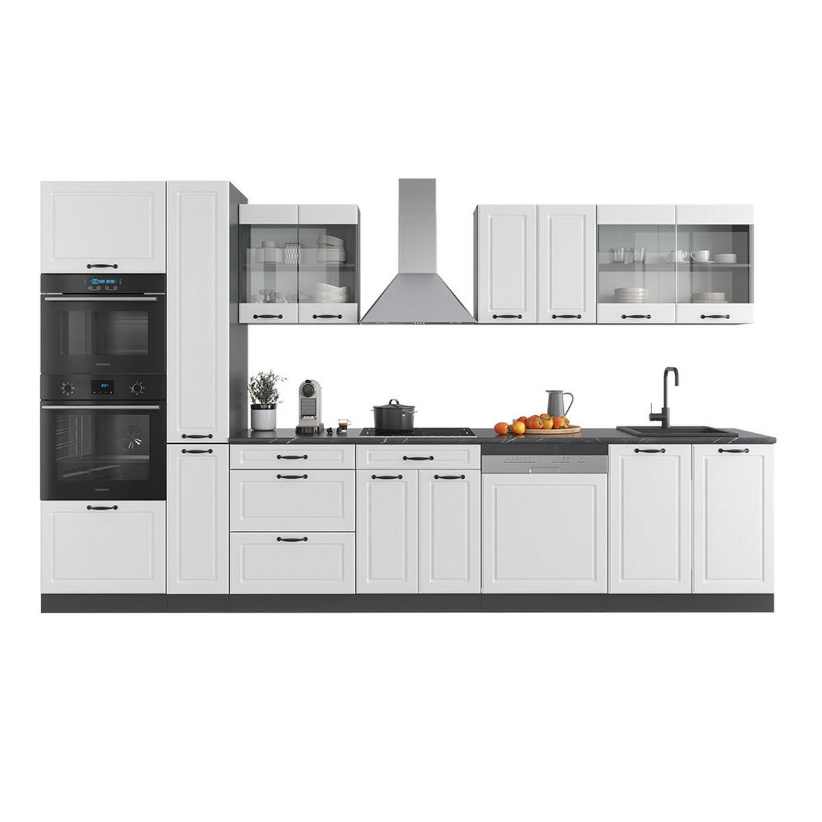 KÜCHENZEILE R-Line Weiß Landhaus/Anthrazit 350 cm mit Hochschrank ohne AP - Anthrazit/Creme, Holzwerkstoff (350/81.6/46cm) - Vicco