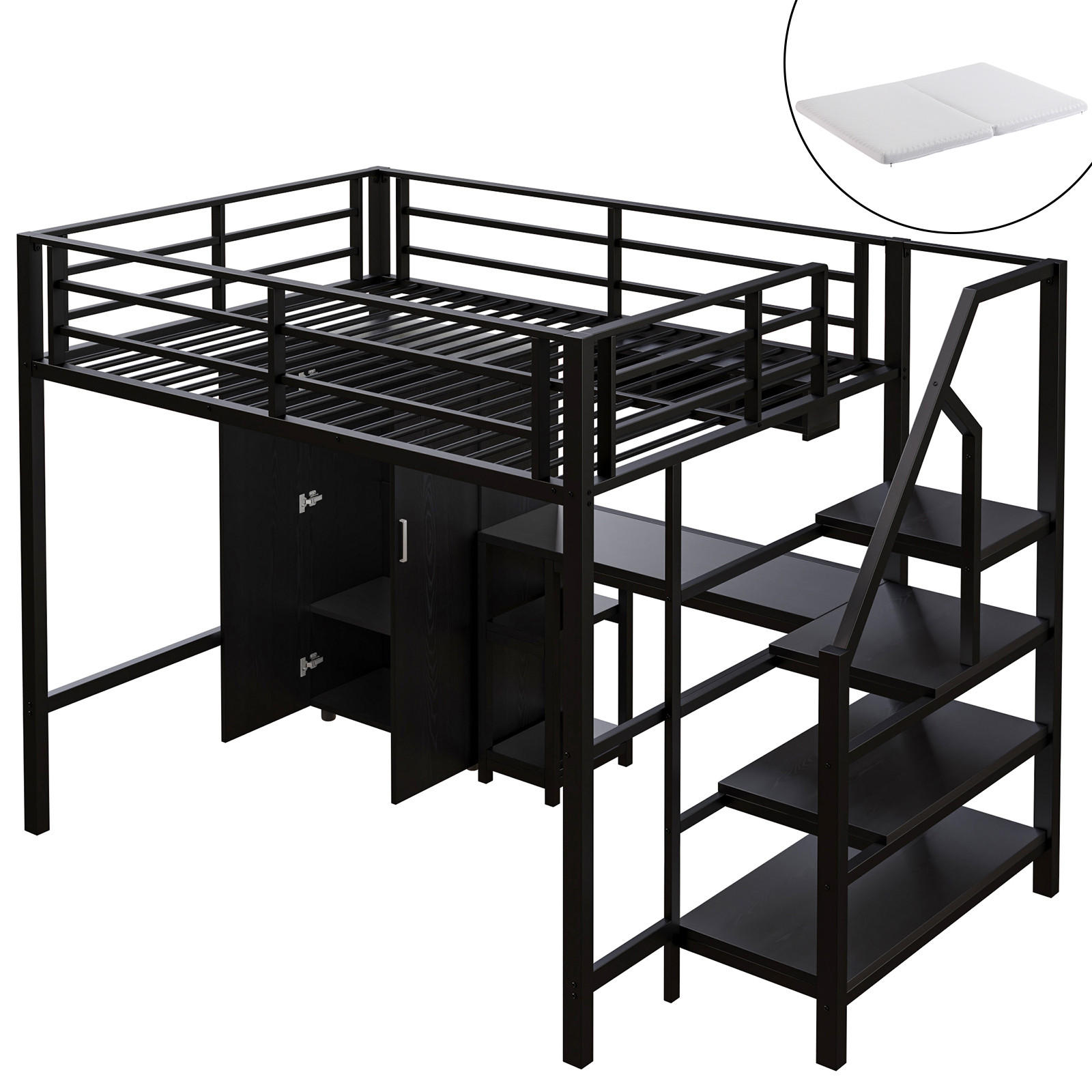 HOCHBETT 140/200 cm schwarz mit Kleiderschrank und integriertem Schreibtisch mit Matratze - Schwarz, Metall (140/200cm) - OKWISH