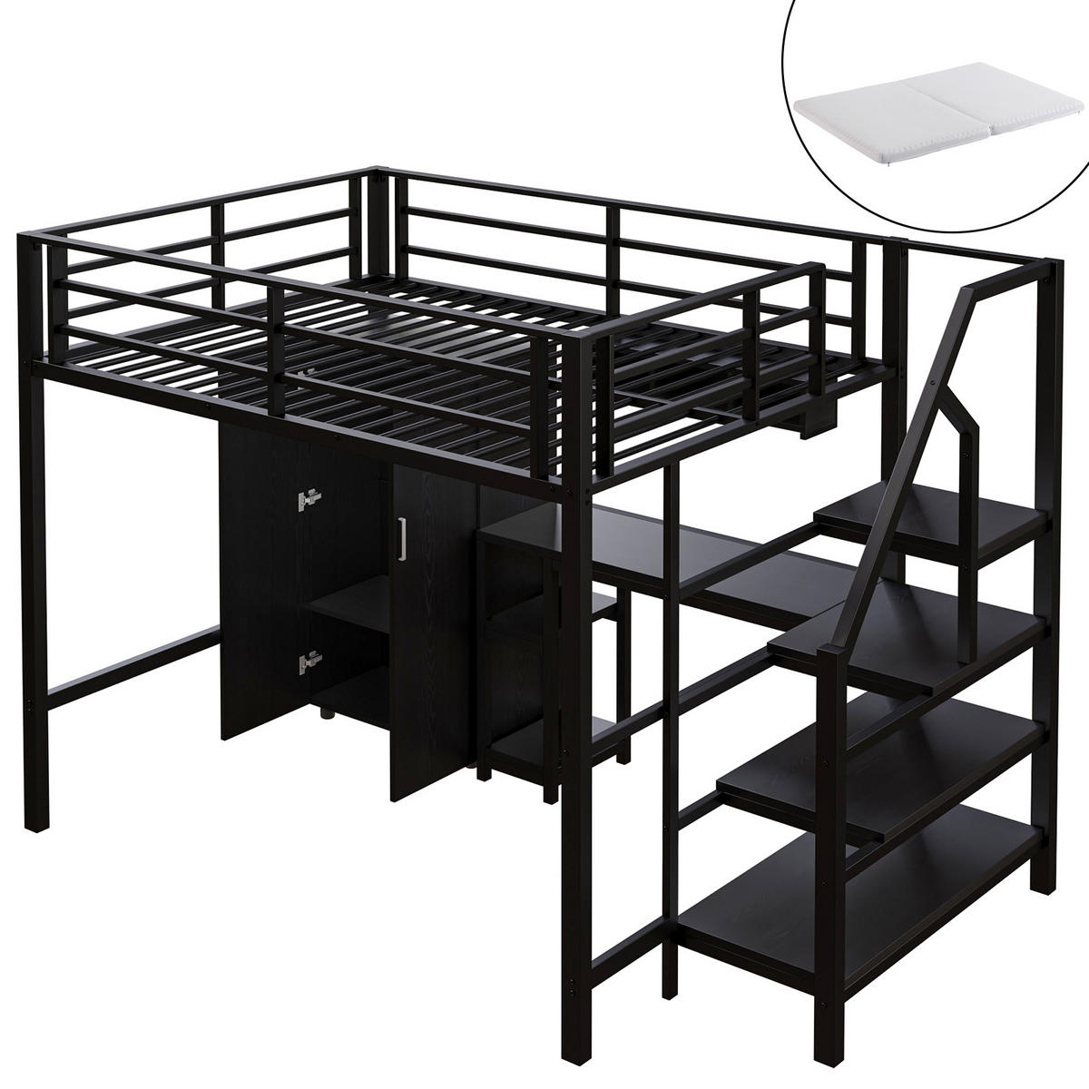 HOCHBETT 140/200 cm schwarz mit Kleiderschrank und integriertem Schreibtisch mit Matratze - Schwarz, Metall (140/200cm) - OKWISH