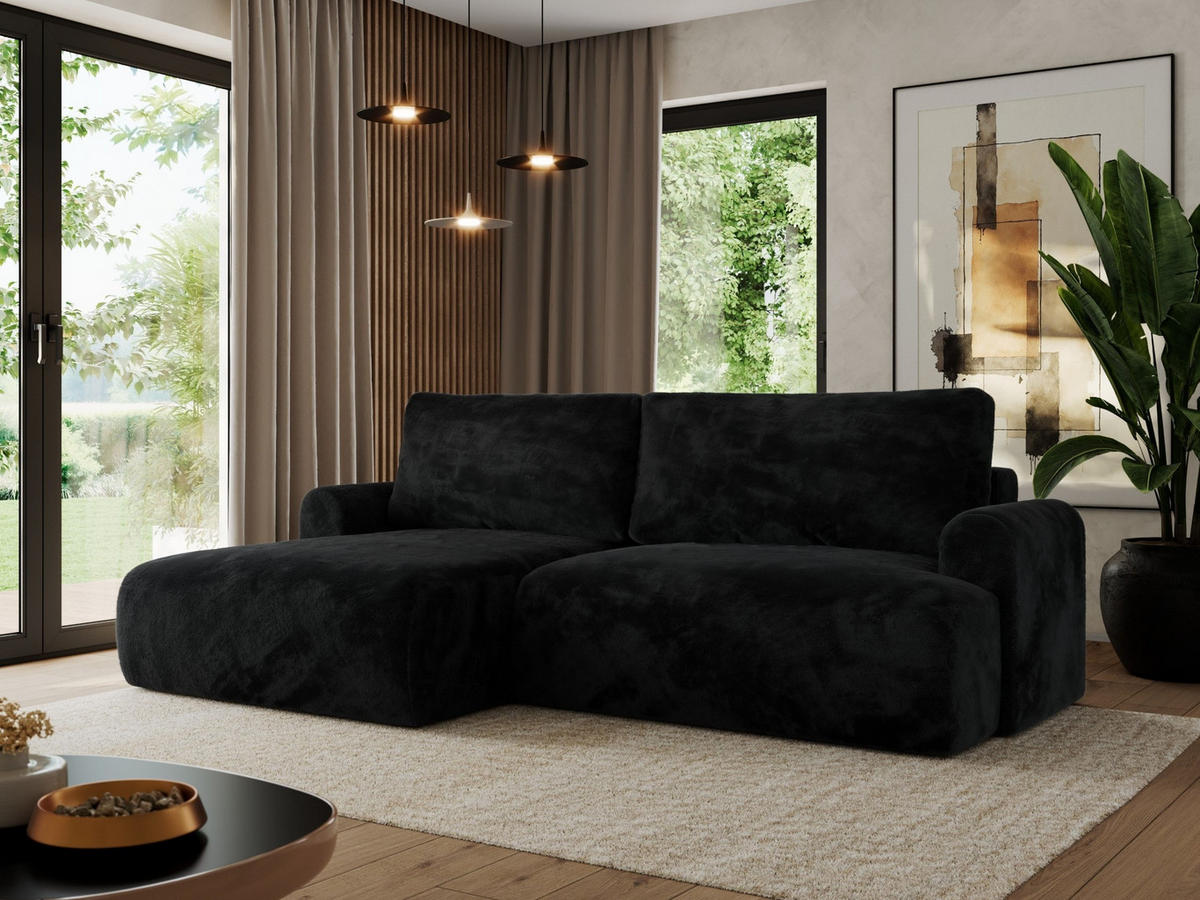 ECKSCHLAFSOFA TONO L Schwarz Plüsch - links - Schwarz, Kunststoff/Textil (260/150cm) - MKS